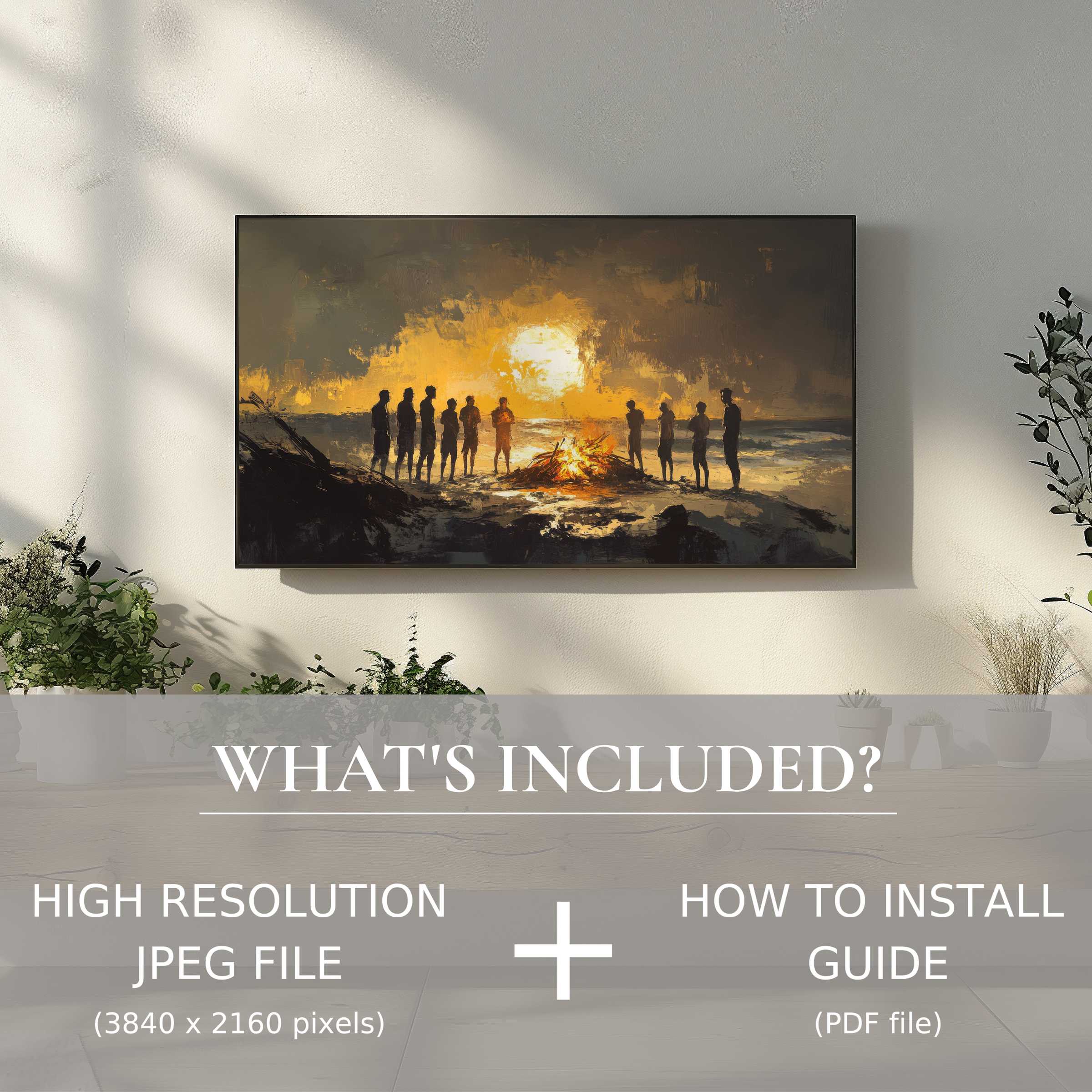 Elegant beach digital TV art download with sunset bonfire scene, easy digital use elevates modern living spaces