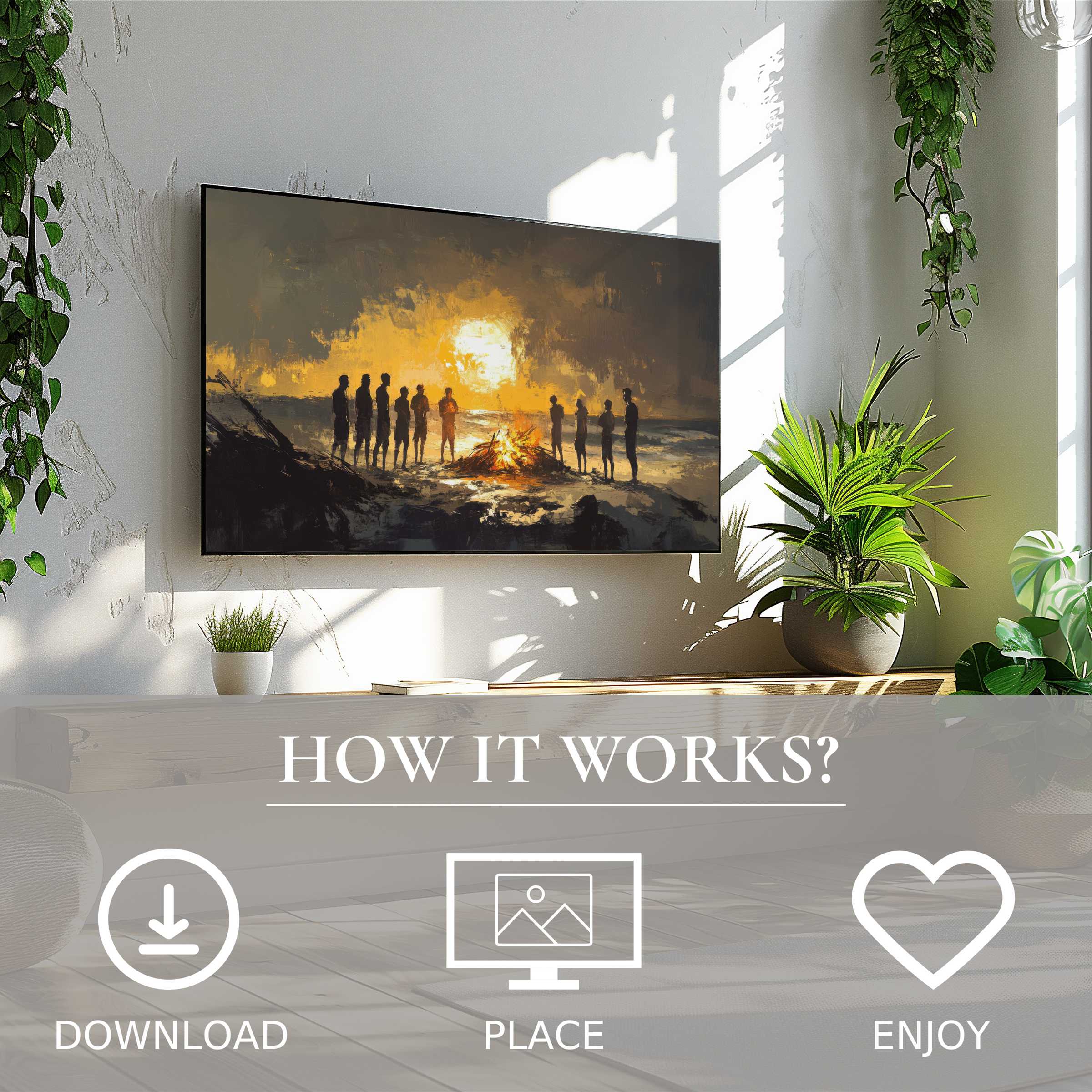 Modern living room with easy digital download beach art for Samsung TV showing warm sunset silhouettes