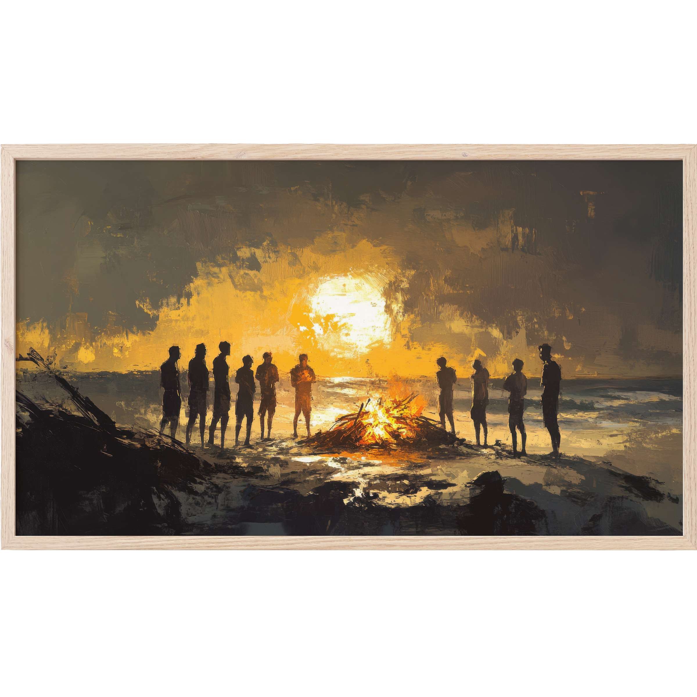 Silhouetted figures around a glowing fire at sunset in rich ochre tones, a captivating beach Frame TV Art piece