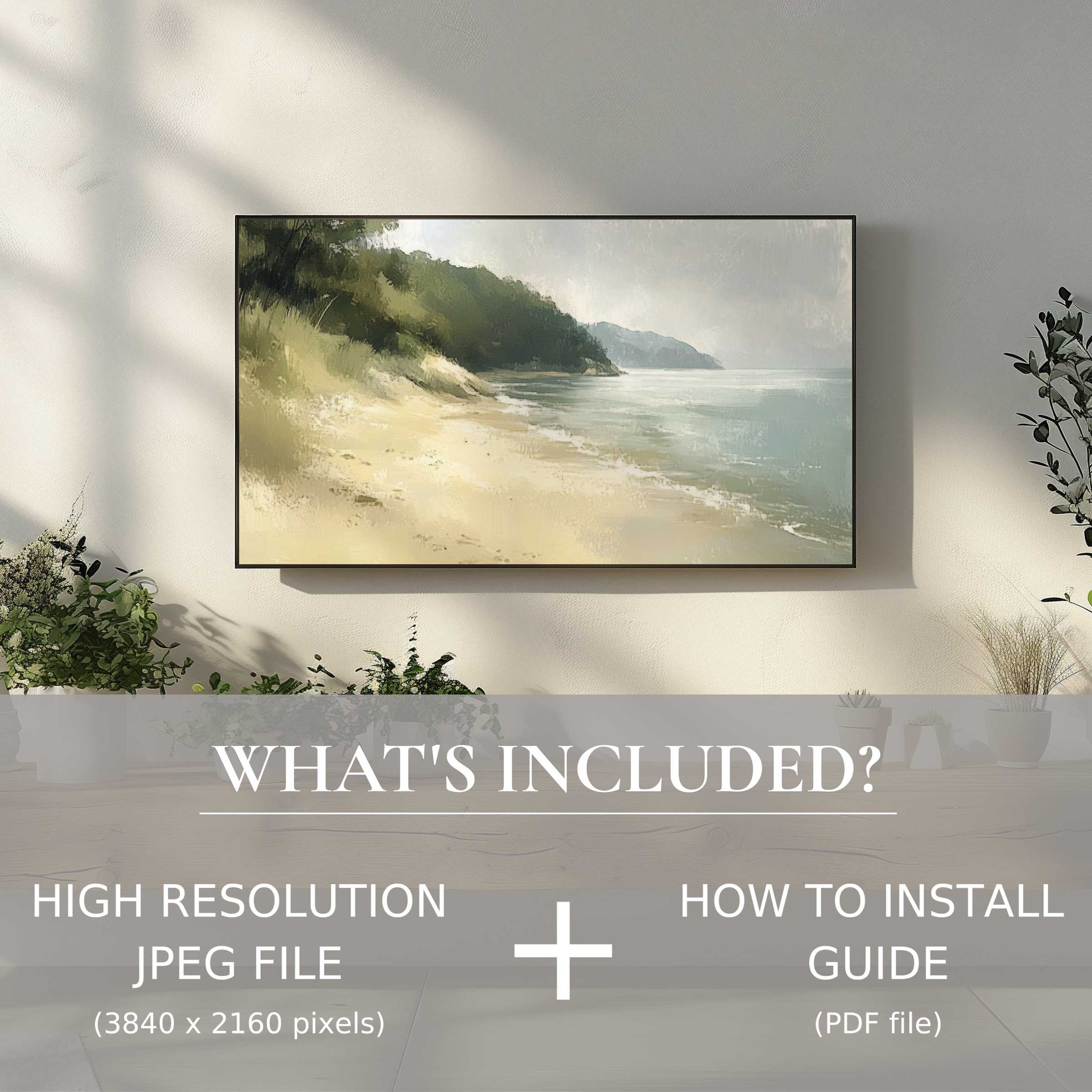 Elegant coastal scene on TV enhances living space with easy, high-res coastal digital TV art download for modern homes