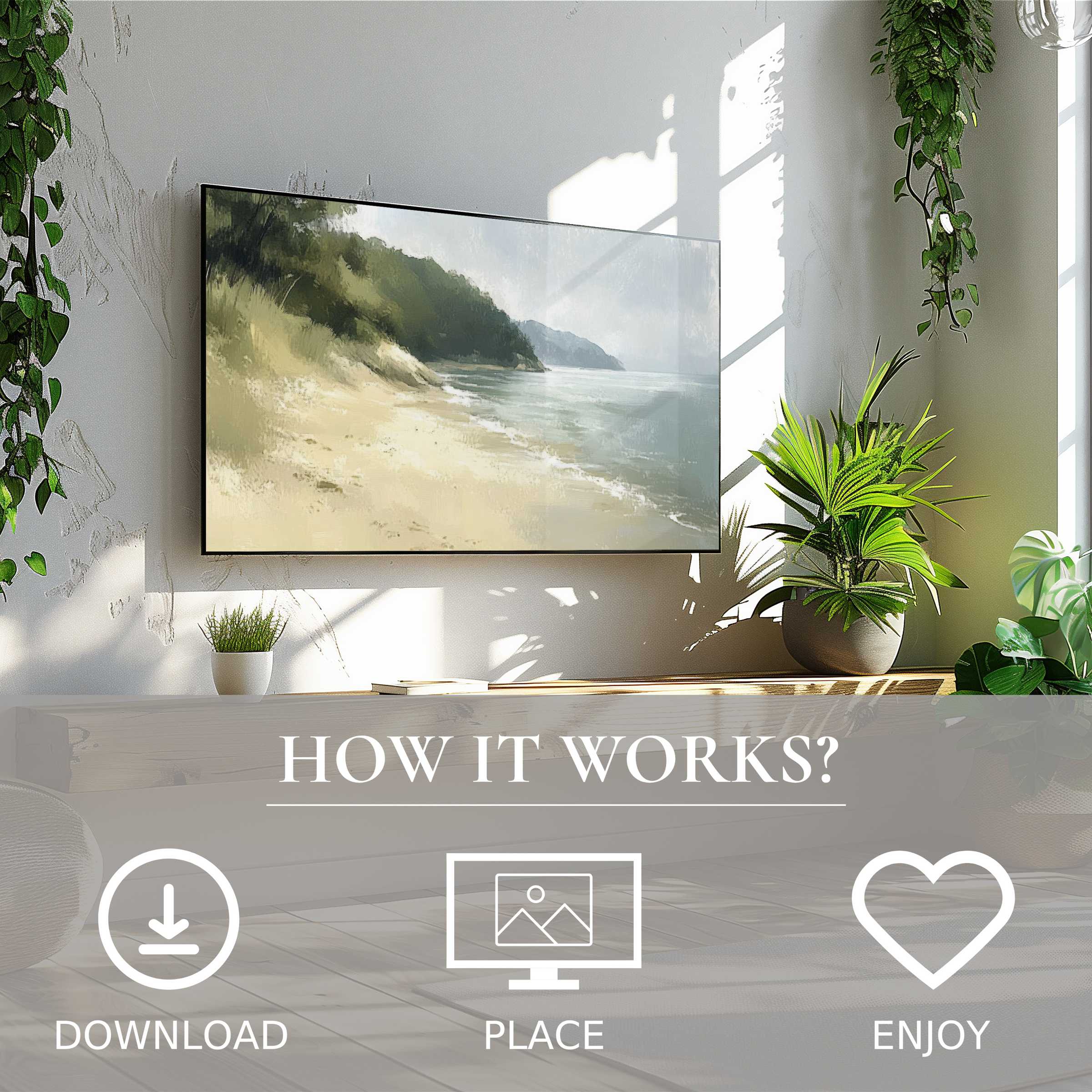 Coastal art for Samsung TV with soft beach tones, easy digital download, enhancing modern living spaces with serene views