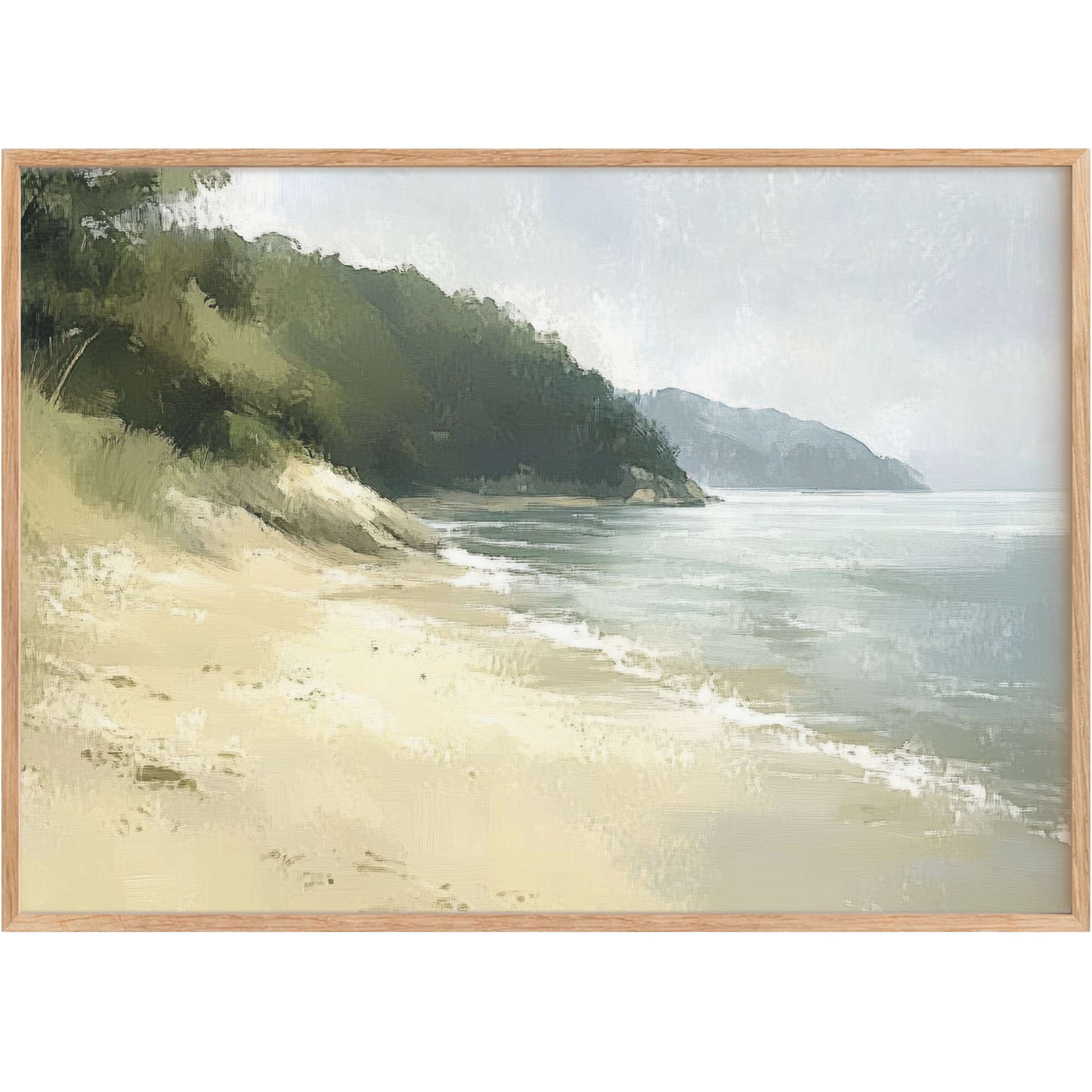 Coastal printable wall art radiates tranquil serenity with soft sand tones, muted greens, and gentle ocean blues, elevating any space