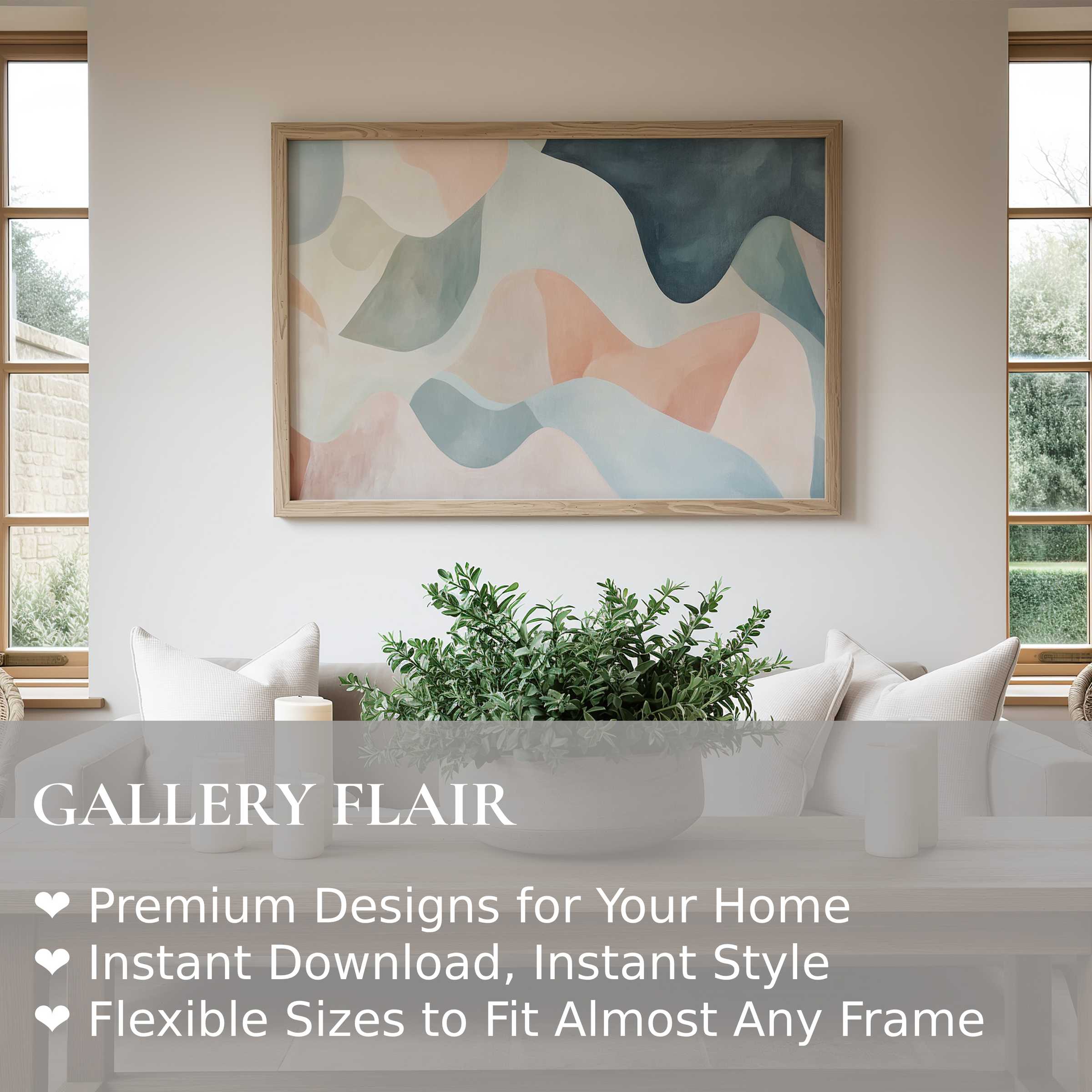Abstract wall art print in soft pastel hues radiates calming elegance, perfectly complementing a modern minimalist living space with natural wood accents and lush greenery