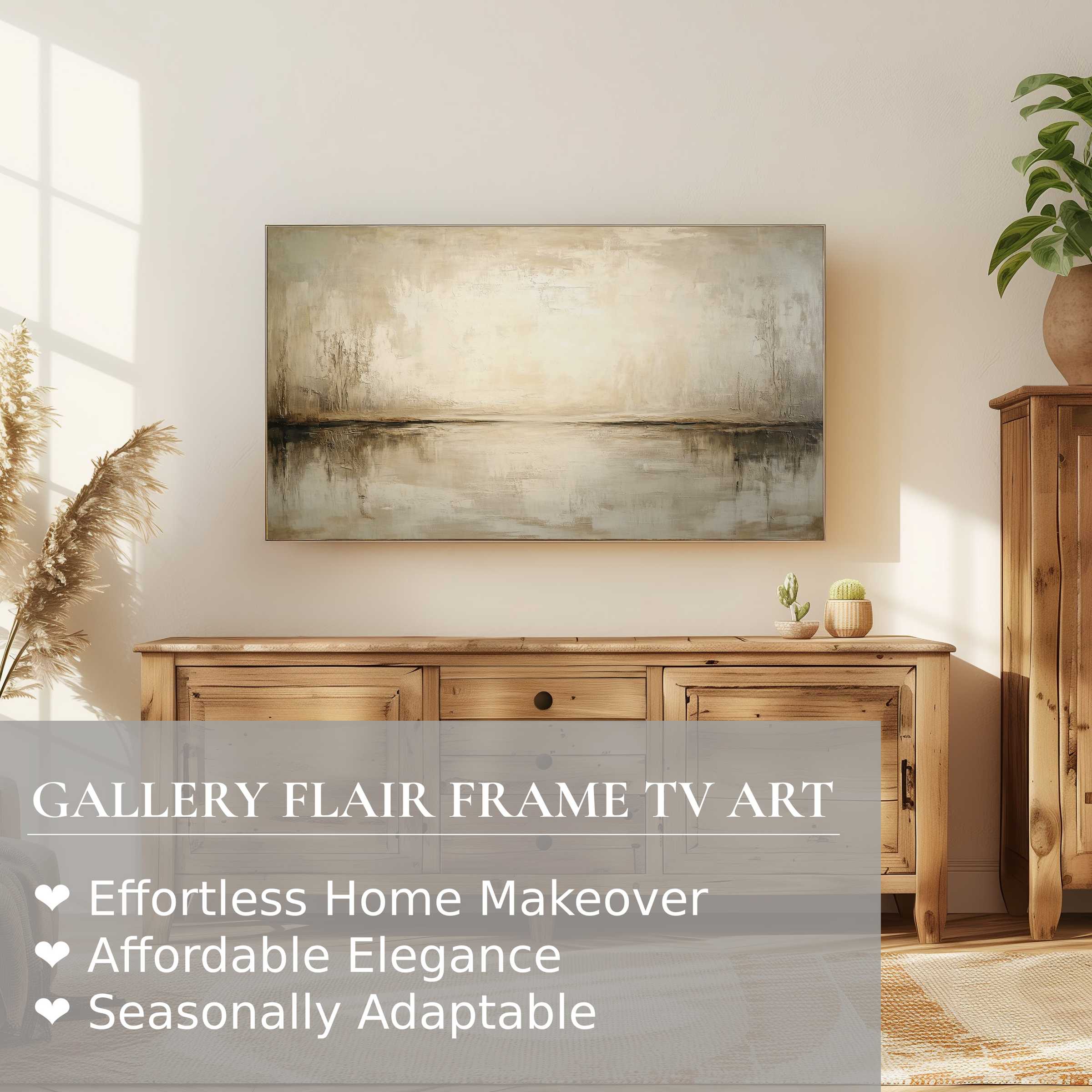 Samsung Frame TV displays vintage digital artwork in a serene, neutral-toned living space with rustic wood accents