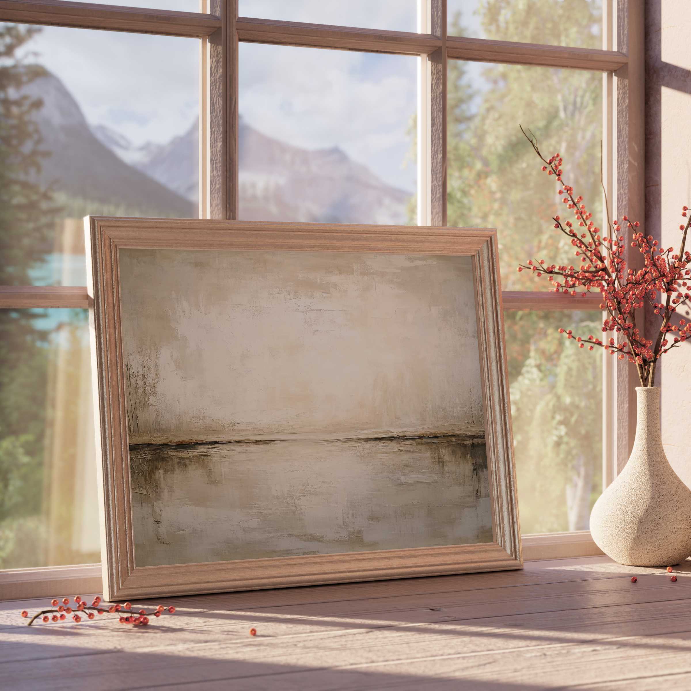 Vintage downloadable art capturing serene horizons in muted earth tones, elevating curated interiors with tranquil, timeless elegance
