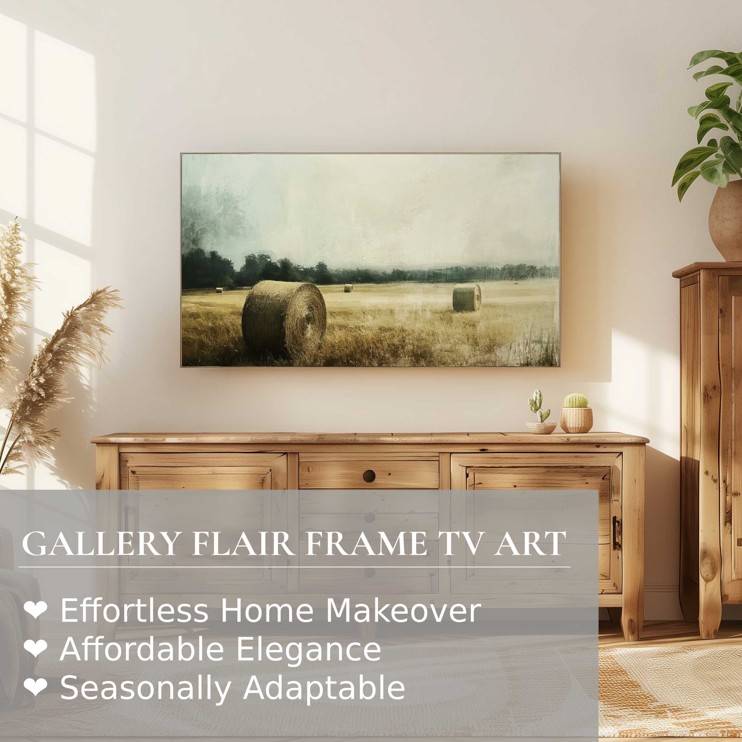 Samsung Frame TV displays serene landscape digital artwork, blending rustic charm with refined modern home decor