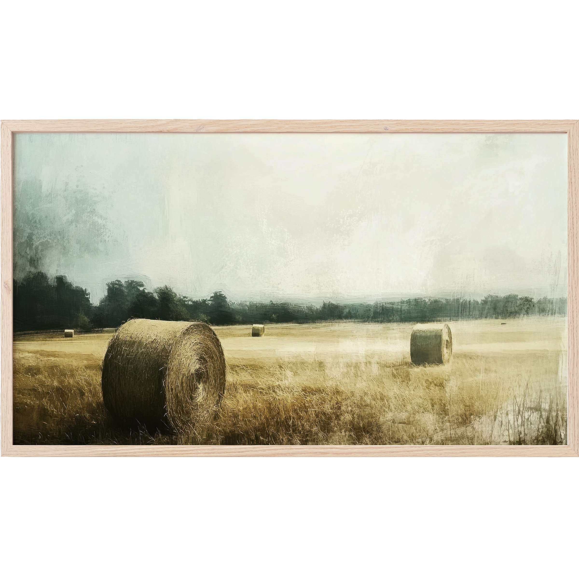 Soft-focused rustic hay bales in muted gold fields under pale skies, elegant landscape Frame TV Art with a serene vibe