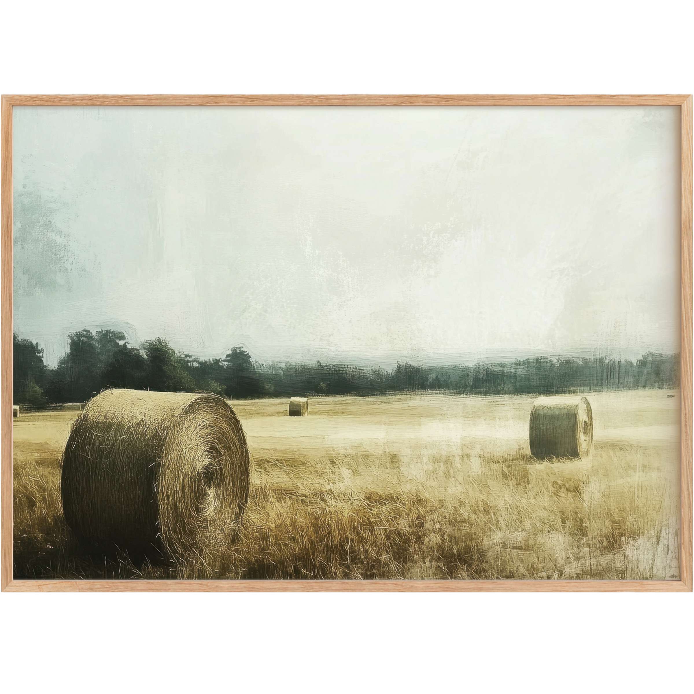 Rustic landscape printable wall art capturing golden hay bales under a soft, muted sky, evoking serene, timeless warmth