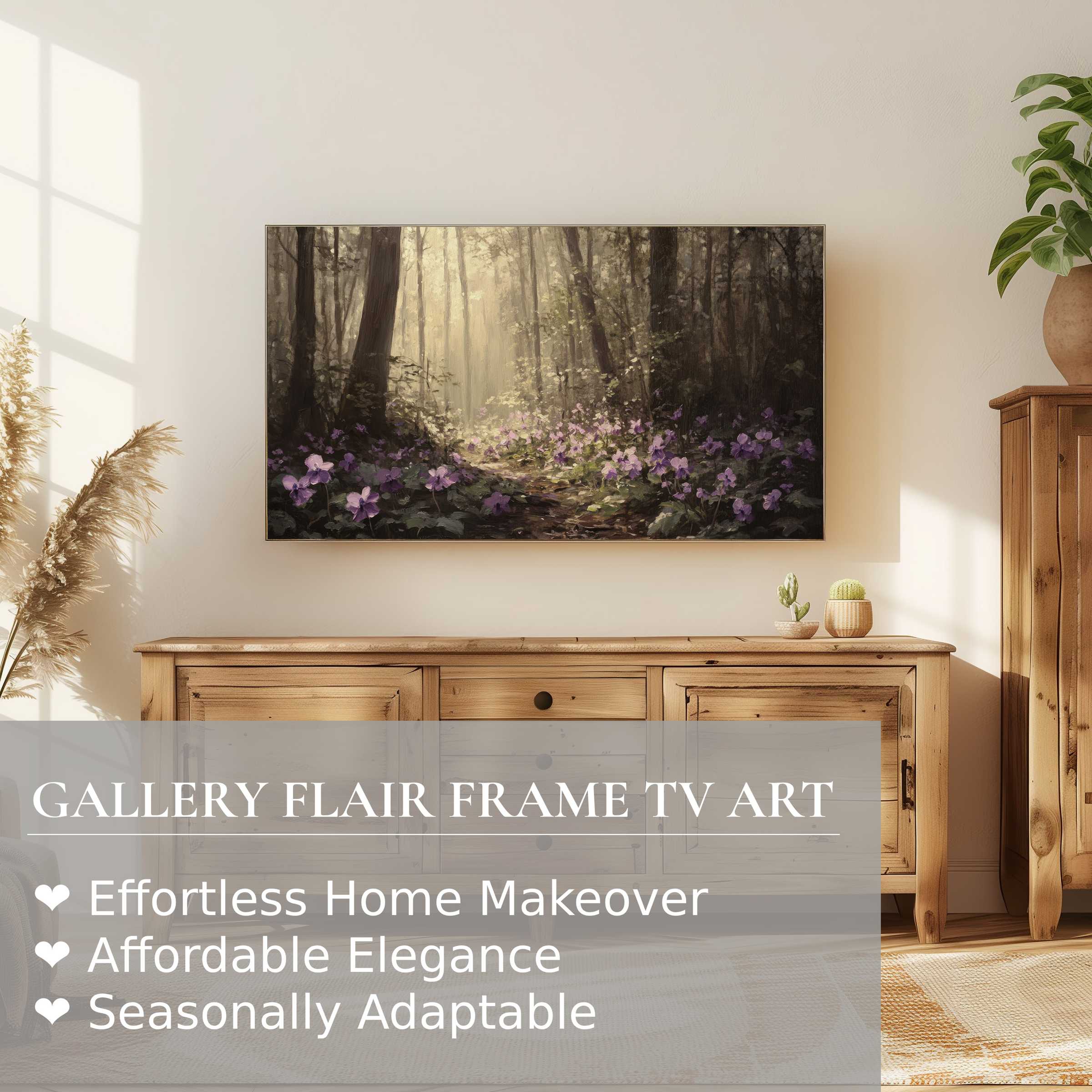 Samsung Frame TV displays botanical digital artwork of a serene forest path with soft light and purple flowers
