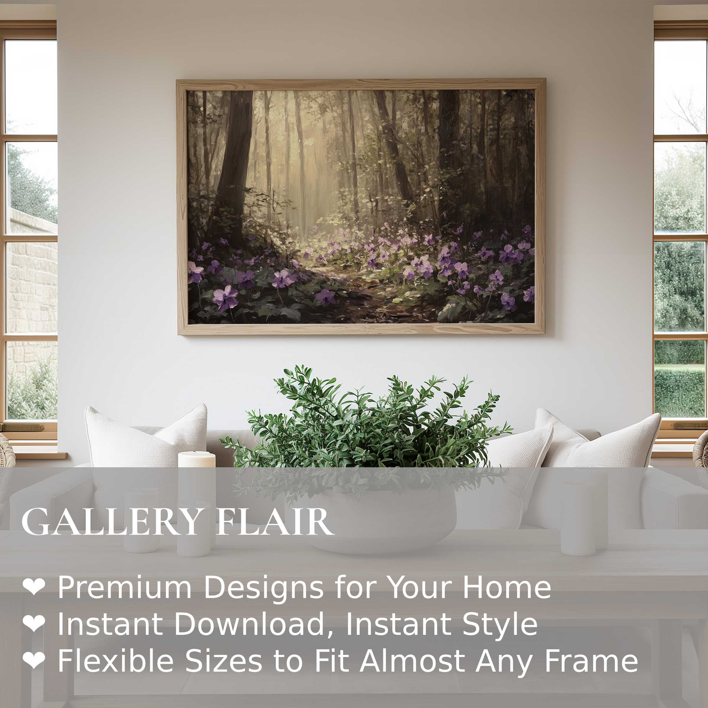Botanical wall art print featuring a serene forest path with soft purple blooms, enhancing minimalist, modern interiors with calming, natural elegance