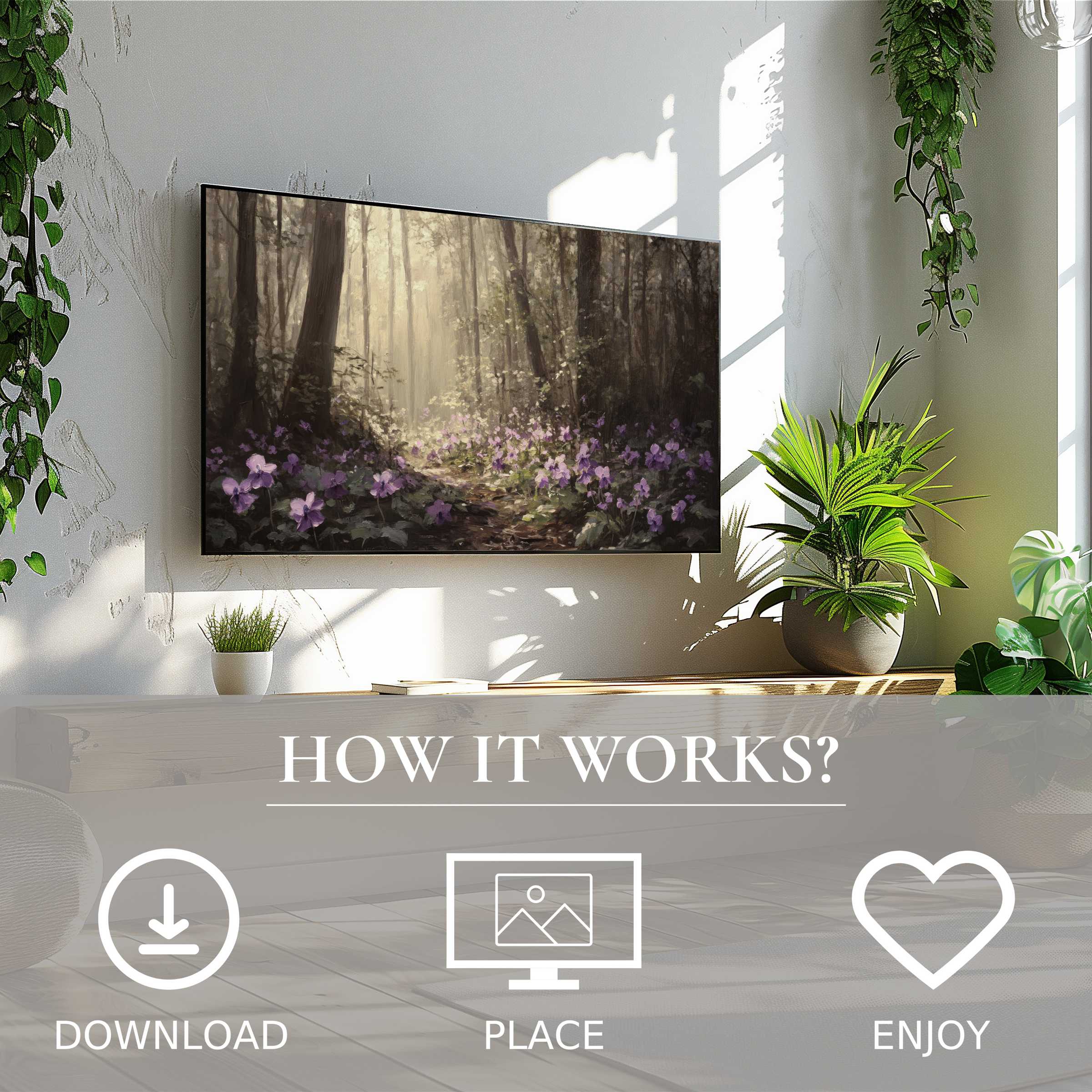 Botanical art for Samsung TV shows soft forest light and purple blooms, easy digital download enriches any modern living space