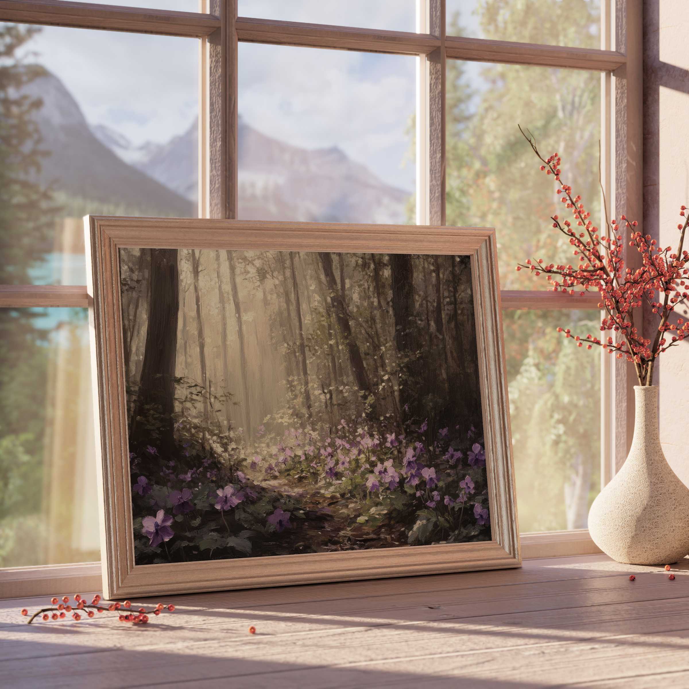 Botanical downloadable art capturing a serene woodland path with delicate purple blooms, enriching tranquil, curated interiors