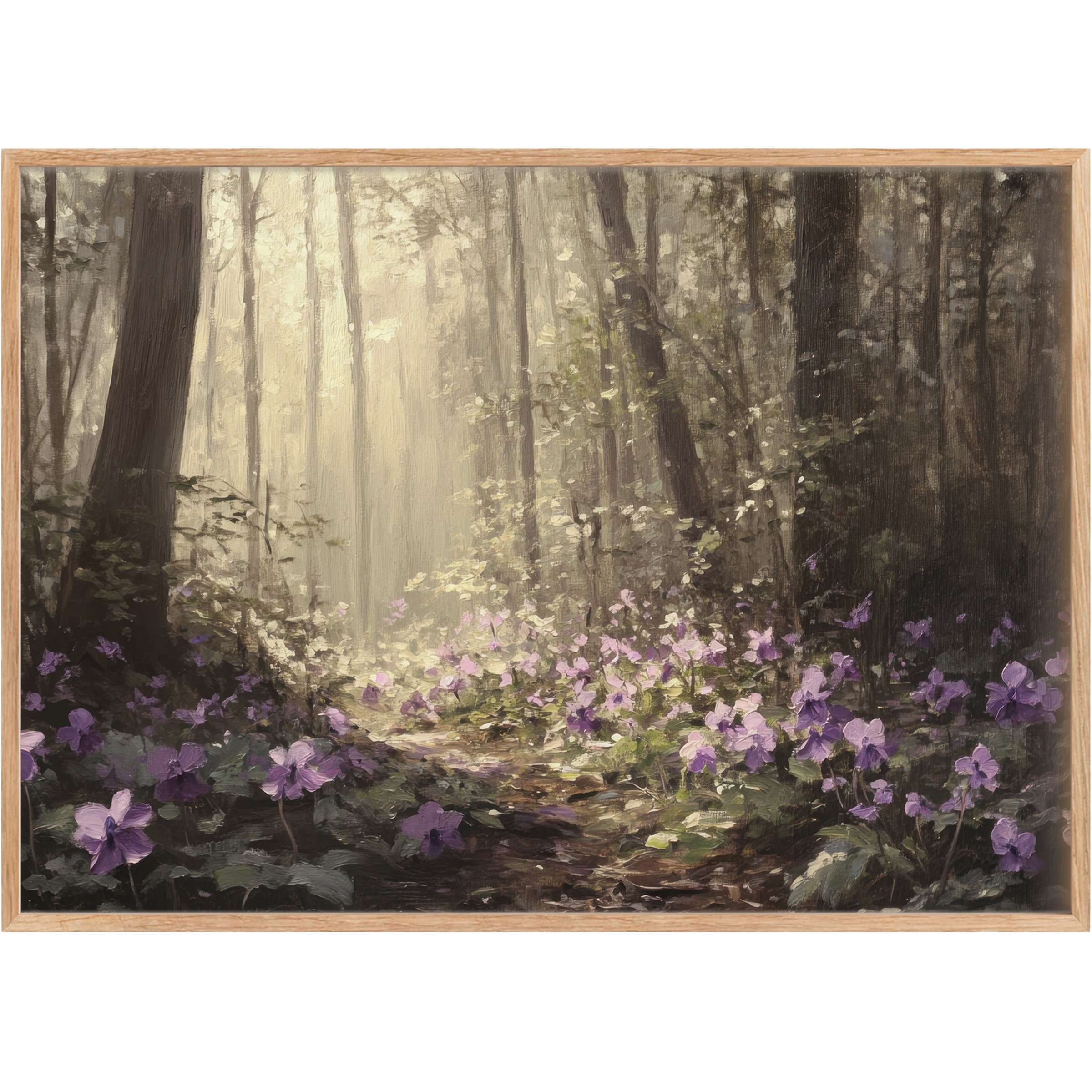 Botanical printable wall art capturing a serene forest path bathed in soft sunlight, with delicate purple blooms creating a tranquil, timeless ambiance