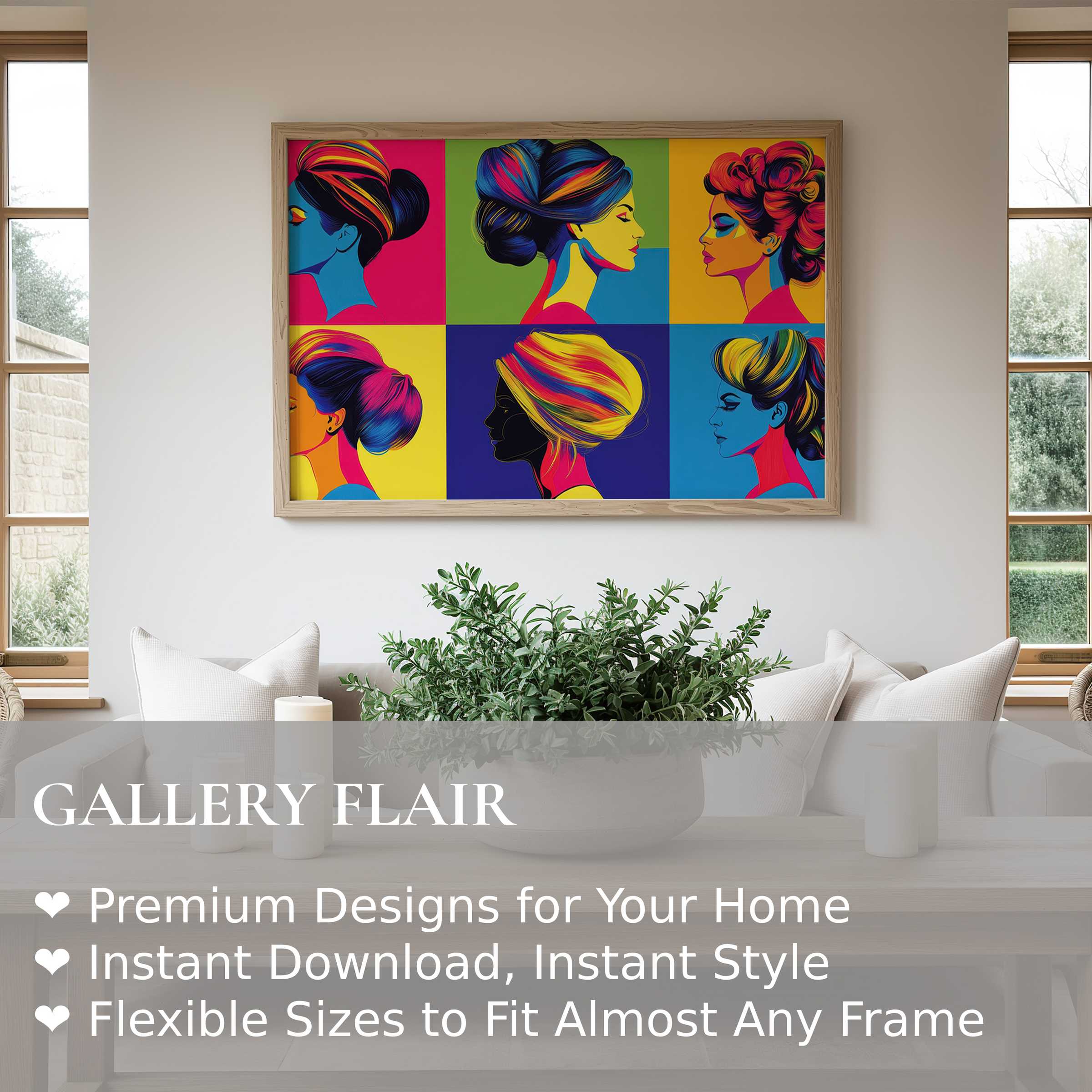 Vibrant pop art wall art print featuring bold, multi-colored female profiles; energizes modern, minimalist interiors with radiant flair and contemporary elegance