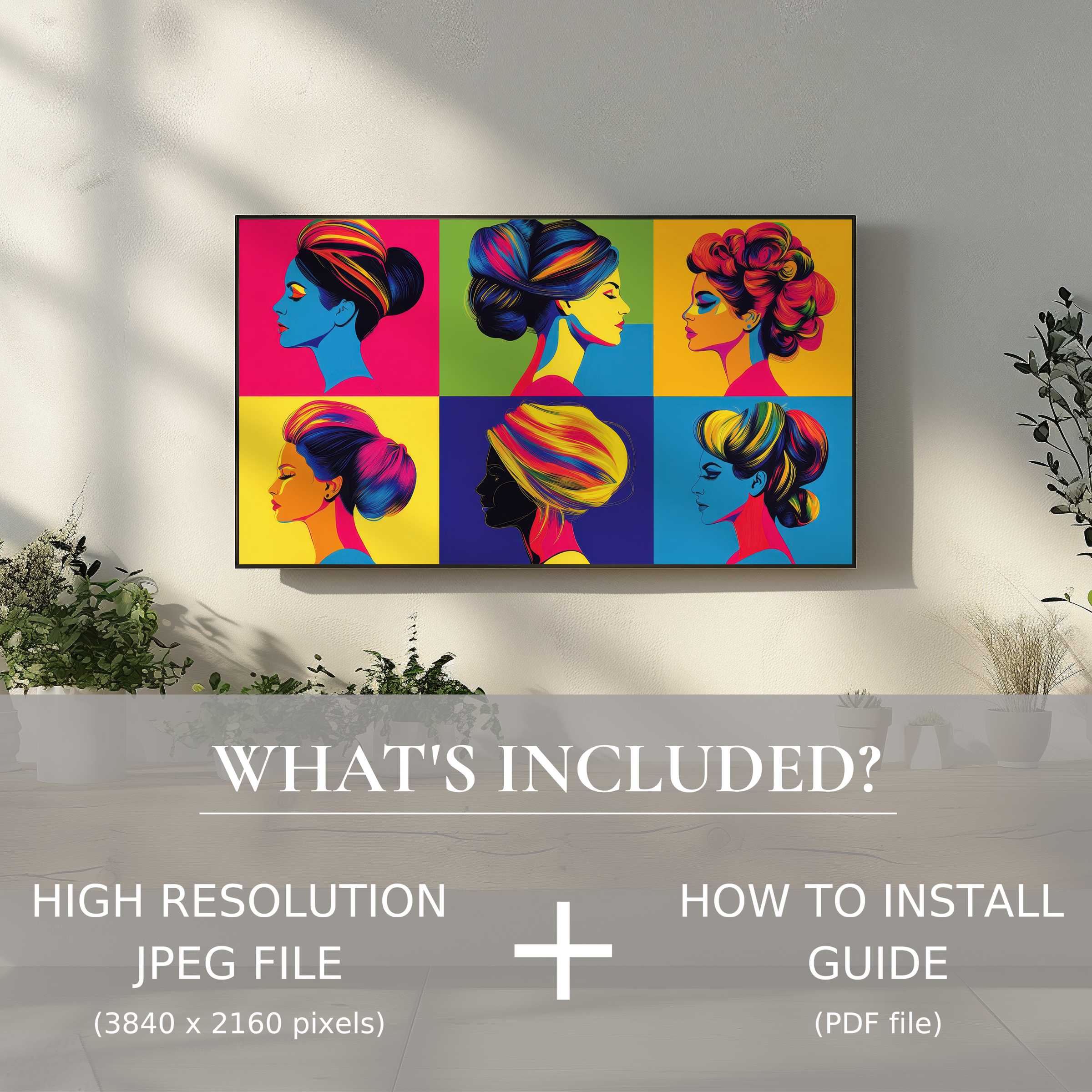 Modern living room with vibrant pop art digital TV art download, easy to use, elevates stylish home decor effortlessly