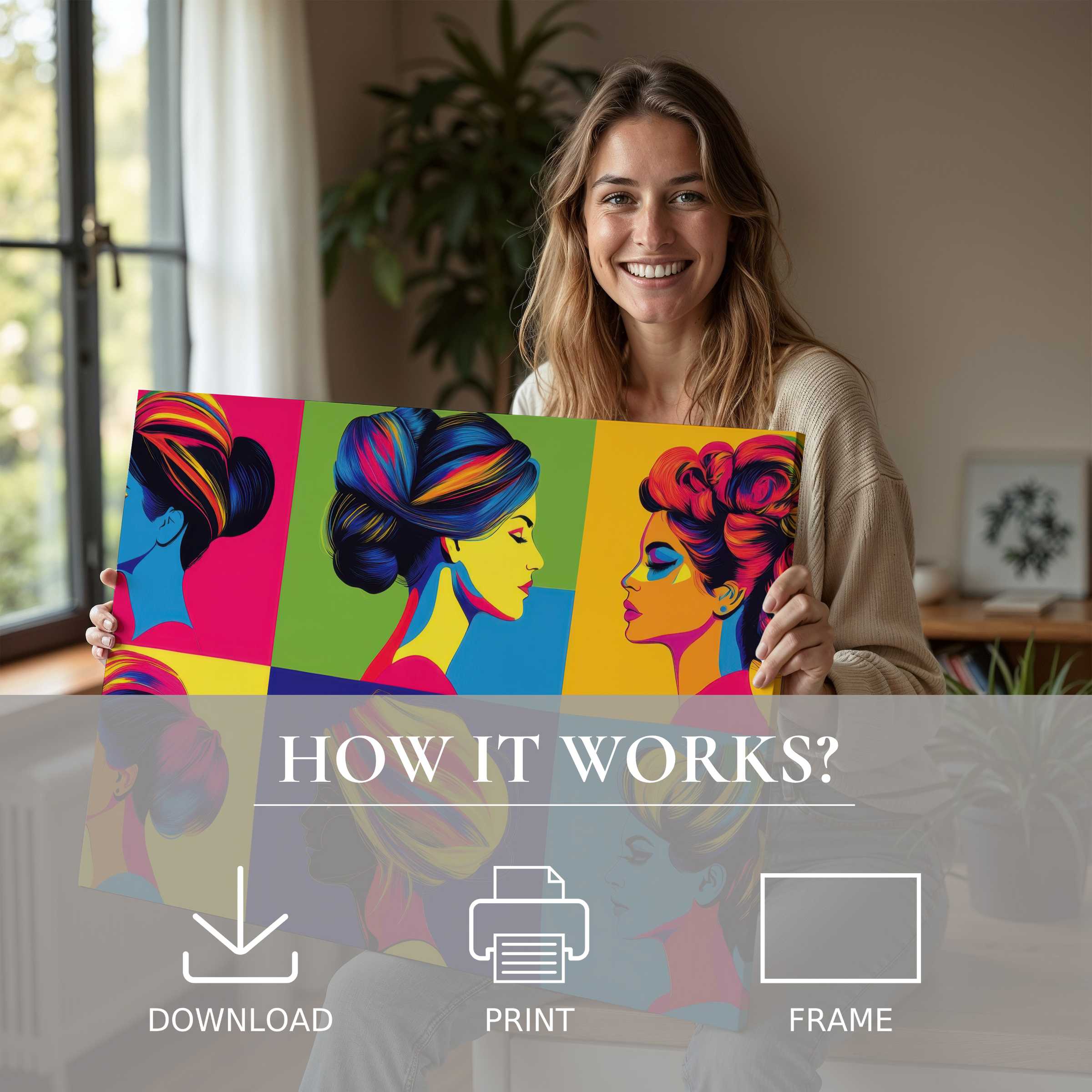 A radiant woman in a sunlit modern home embraces a vivid pop art digital art print, evoking joy and effortless elegance