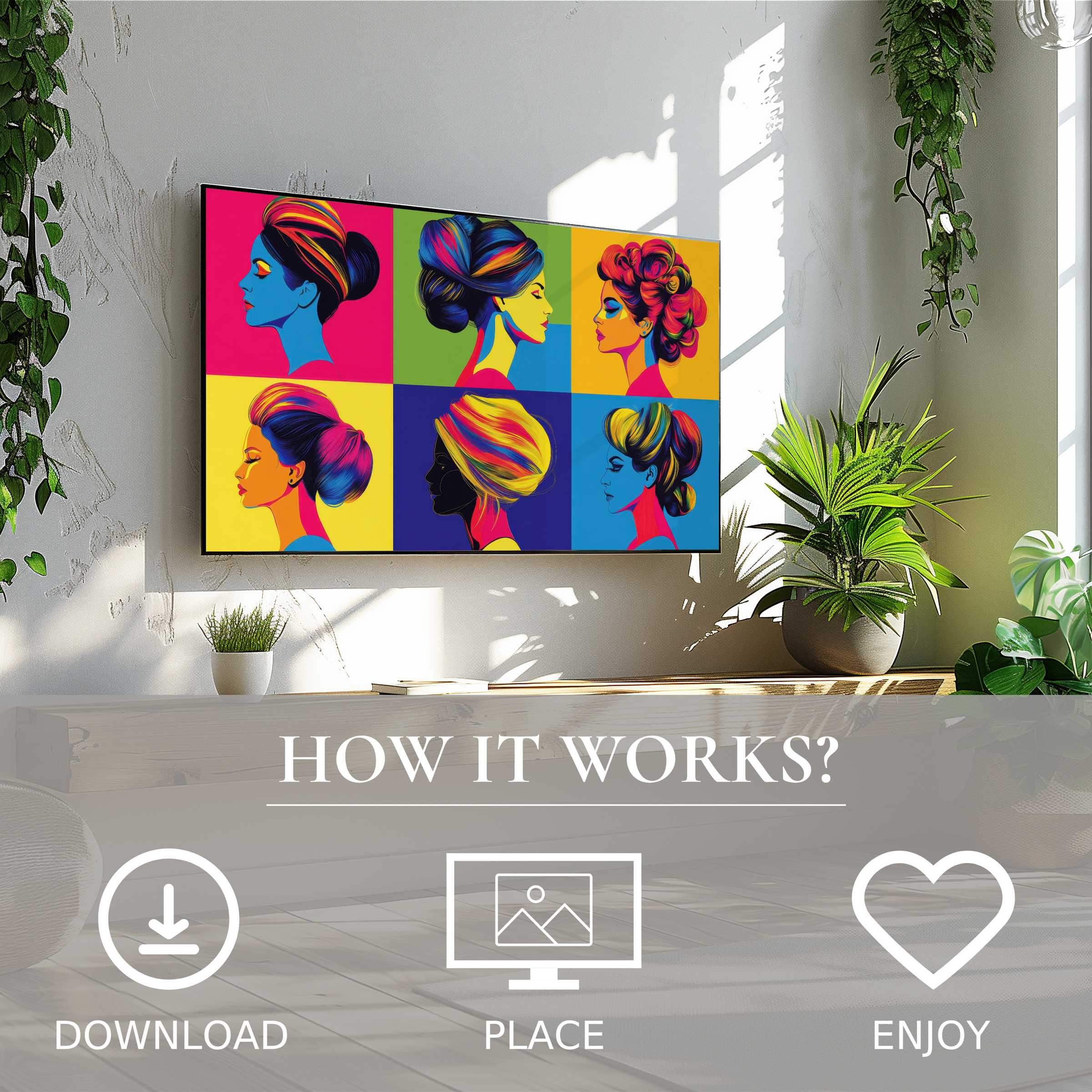Pop art art for Samsung TV with vibrant hair portraits, easy digital download enriches bright, modern living spaces