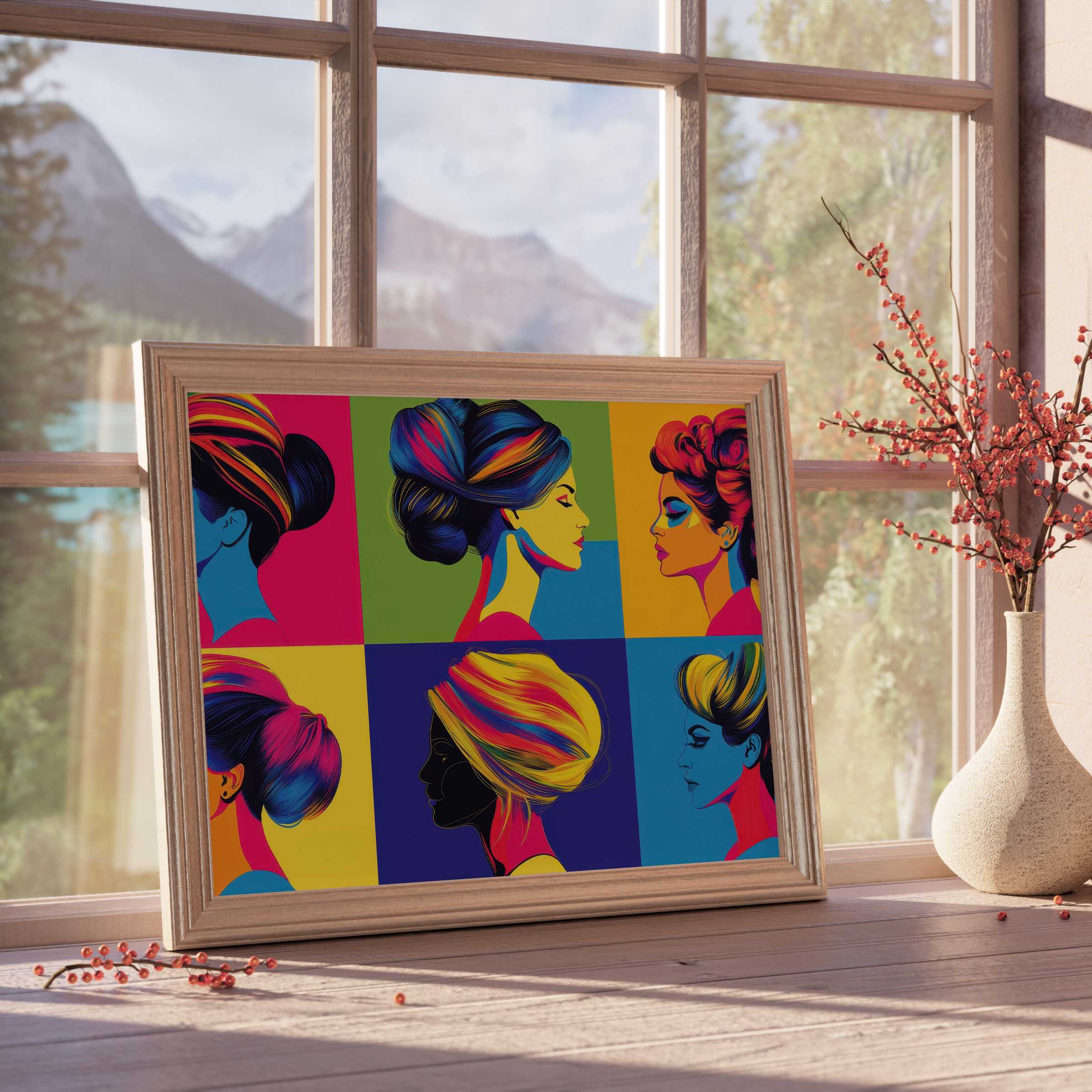 Vibrant pop art downloadable art featuring elegant female profiles in bold hues, perfect for curated, stylish interiors with a modern flair