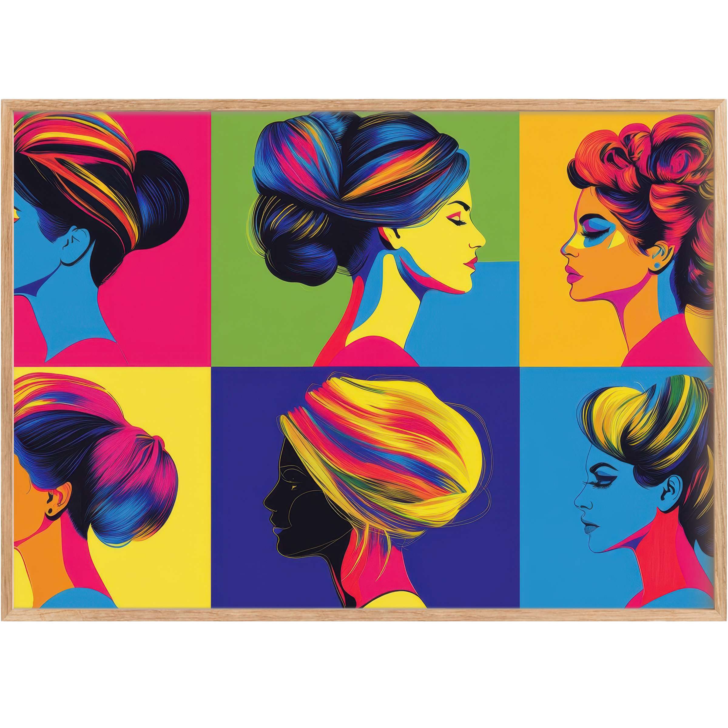 Vibrant pop art printable wall art featuring bold, colorful female profiles in a dynamic, radiant palette elevating modern interiors