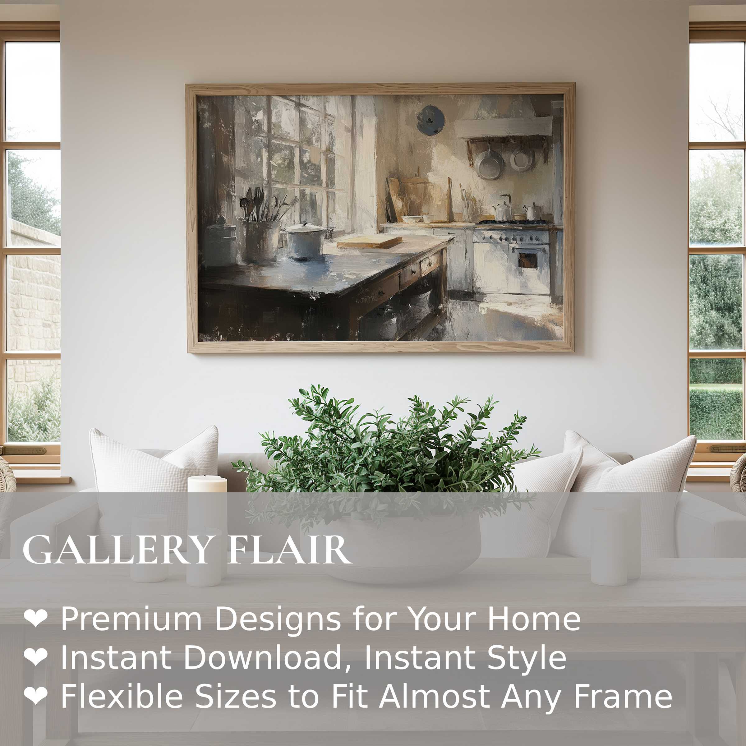 Farmhouse wall art print capturing a serene, rustic kitchen scene; soft light enhances this cozy modern farmhouse dining space
