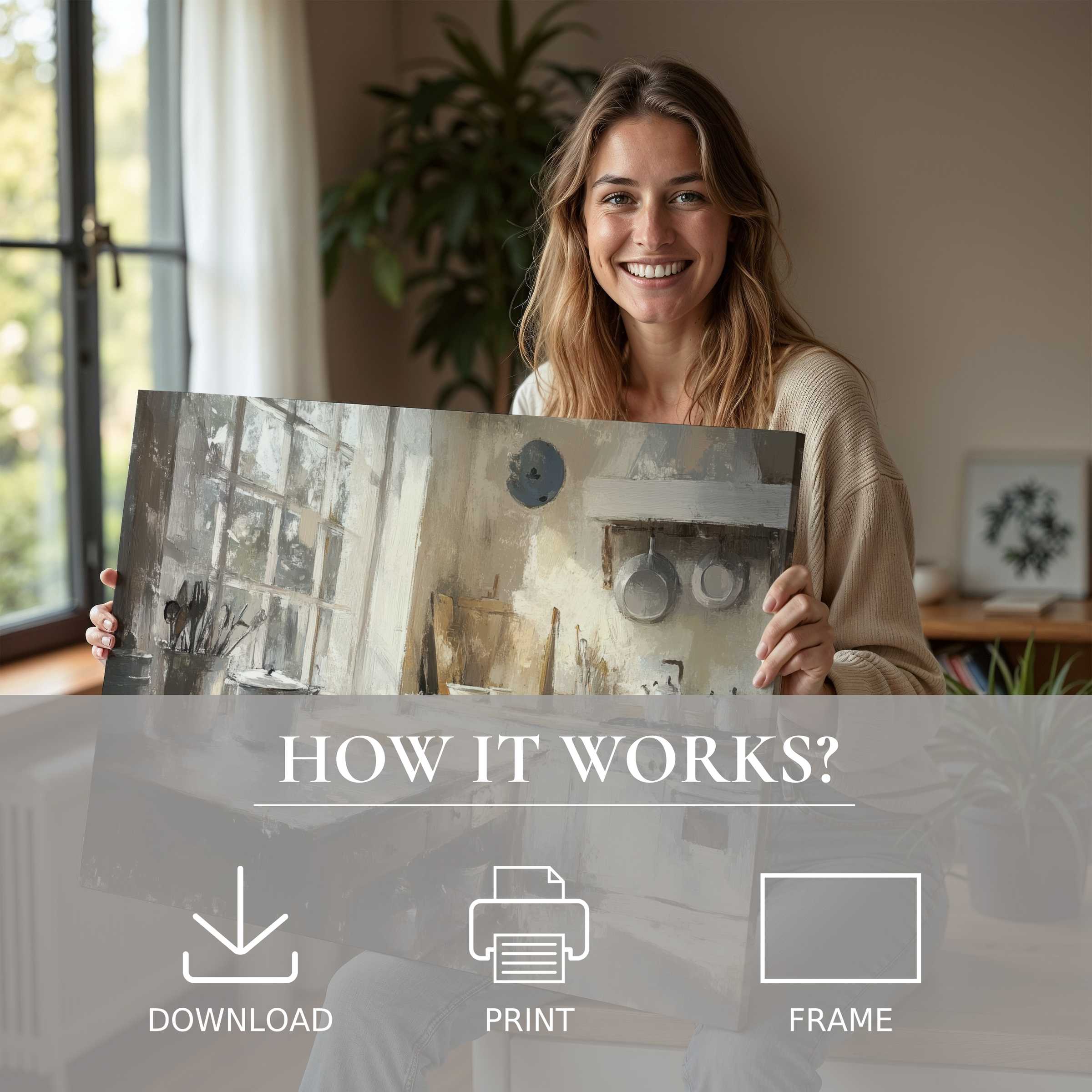 Woman in a modern home radiates joy, holding a farmhouse digital art print that transforms space with rustic elegance