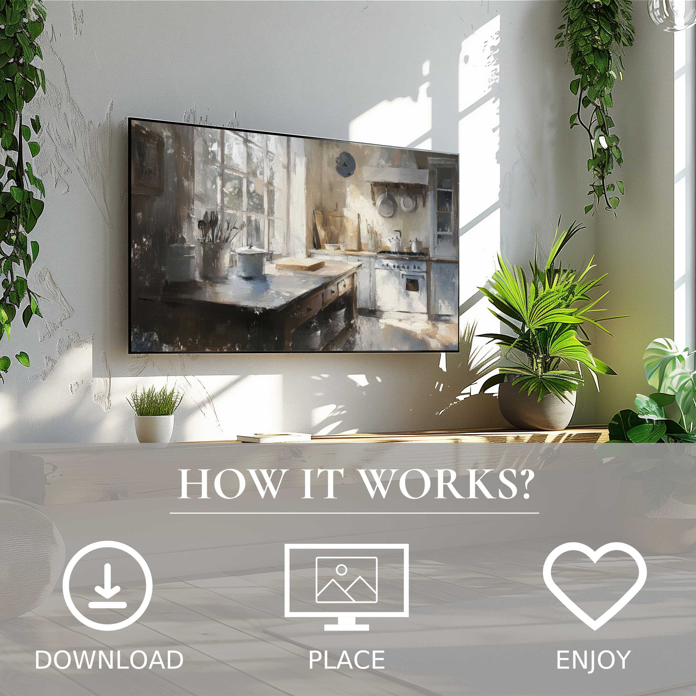 Farmhouse art for Samsung TV, digital download with rustic kitchen motif in warm neutrals, enriching modern living spaces