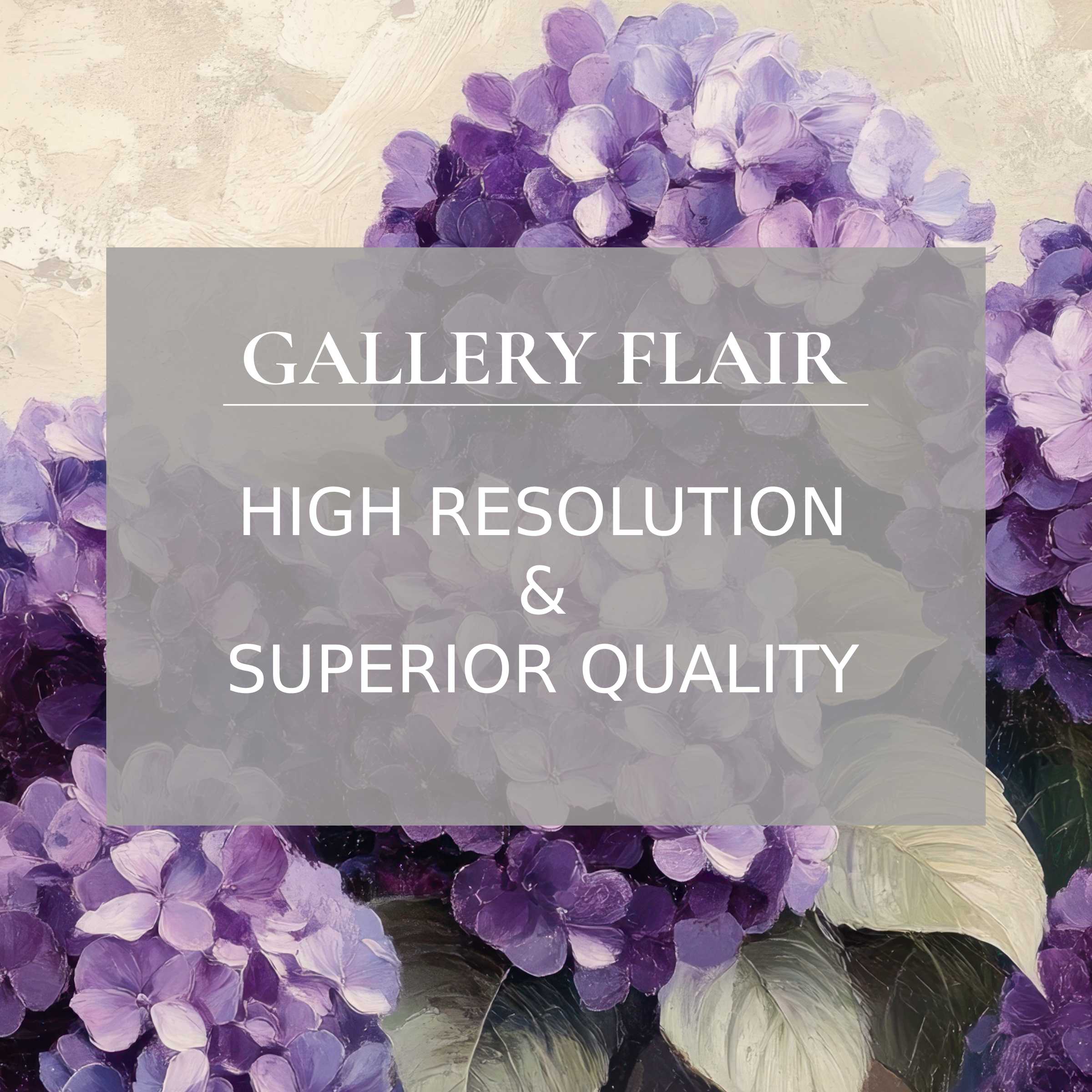 Lavender and violet hydrangeas bloom in rich, textured detail, a calming floral printable art that refines modern interiors