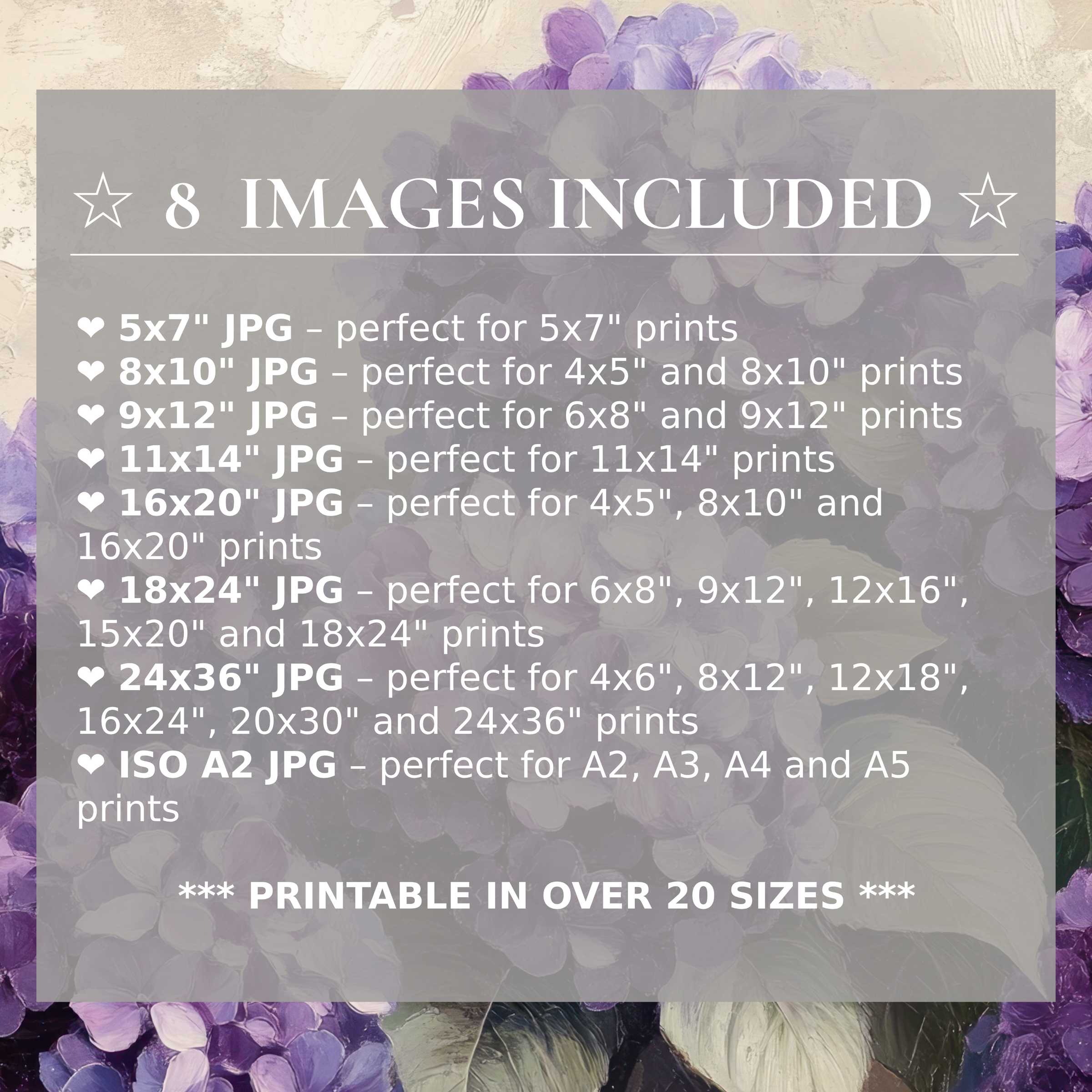 Radiant floral digital print in soft purples and creams, offered in 8 high-quality sizes included to elevate modern interiors with timeless elegance