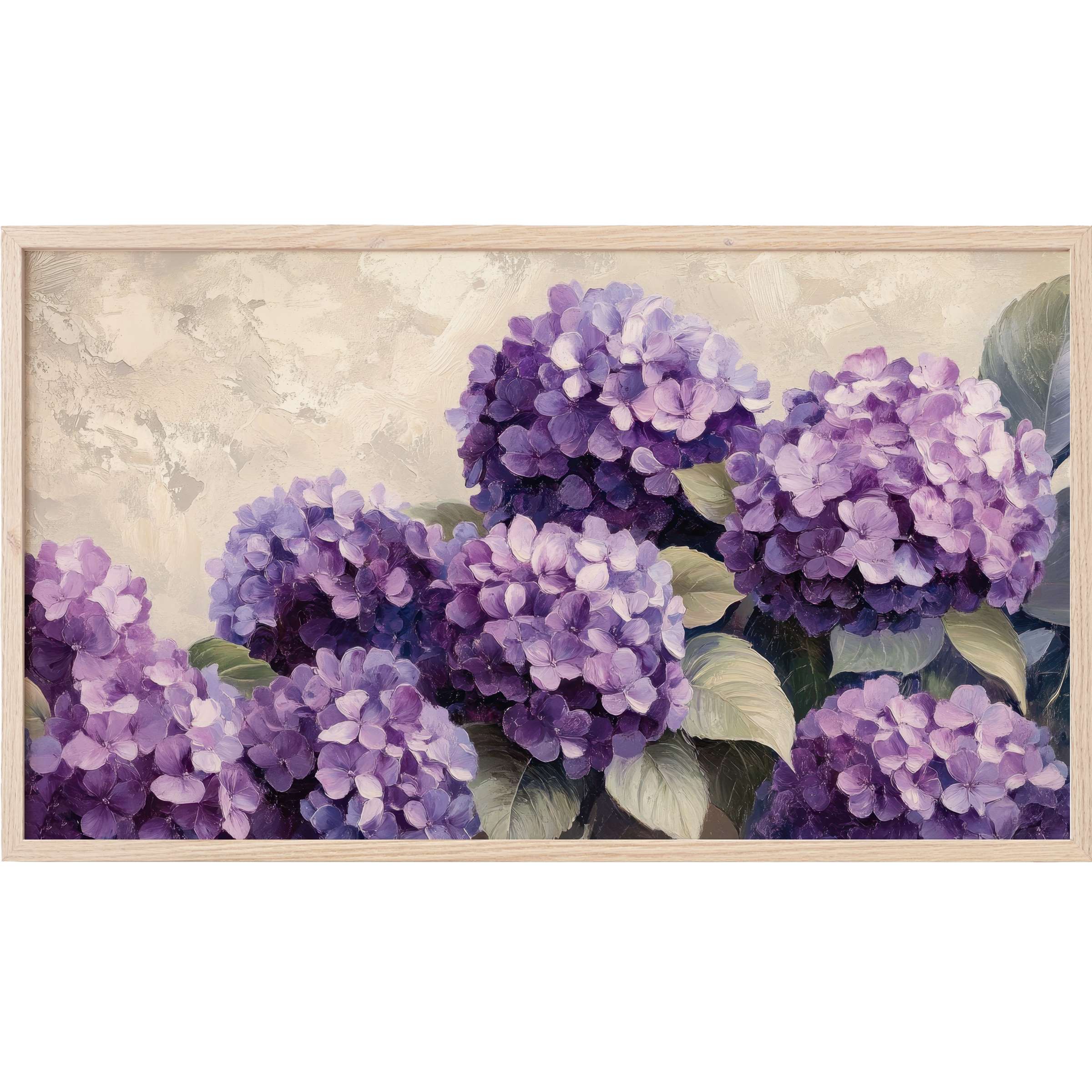 Floral Frame TV Art with lush purple hydrangeas and soft green leaves in a delicate, textured painterly style