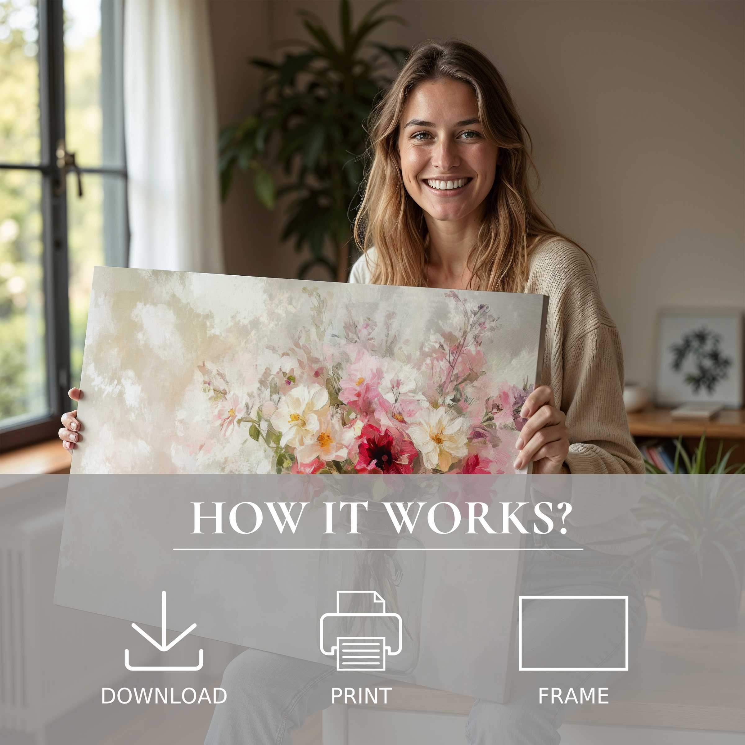 Woman in a serene modern home embraces a blooming spring digital art print, embodying joy and effortless elegance