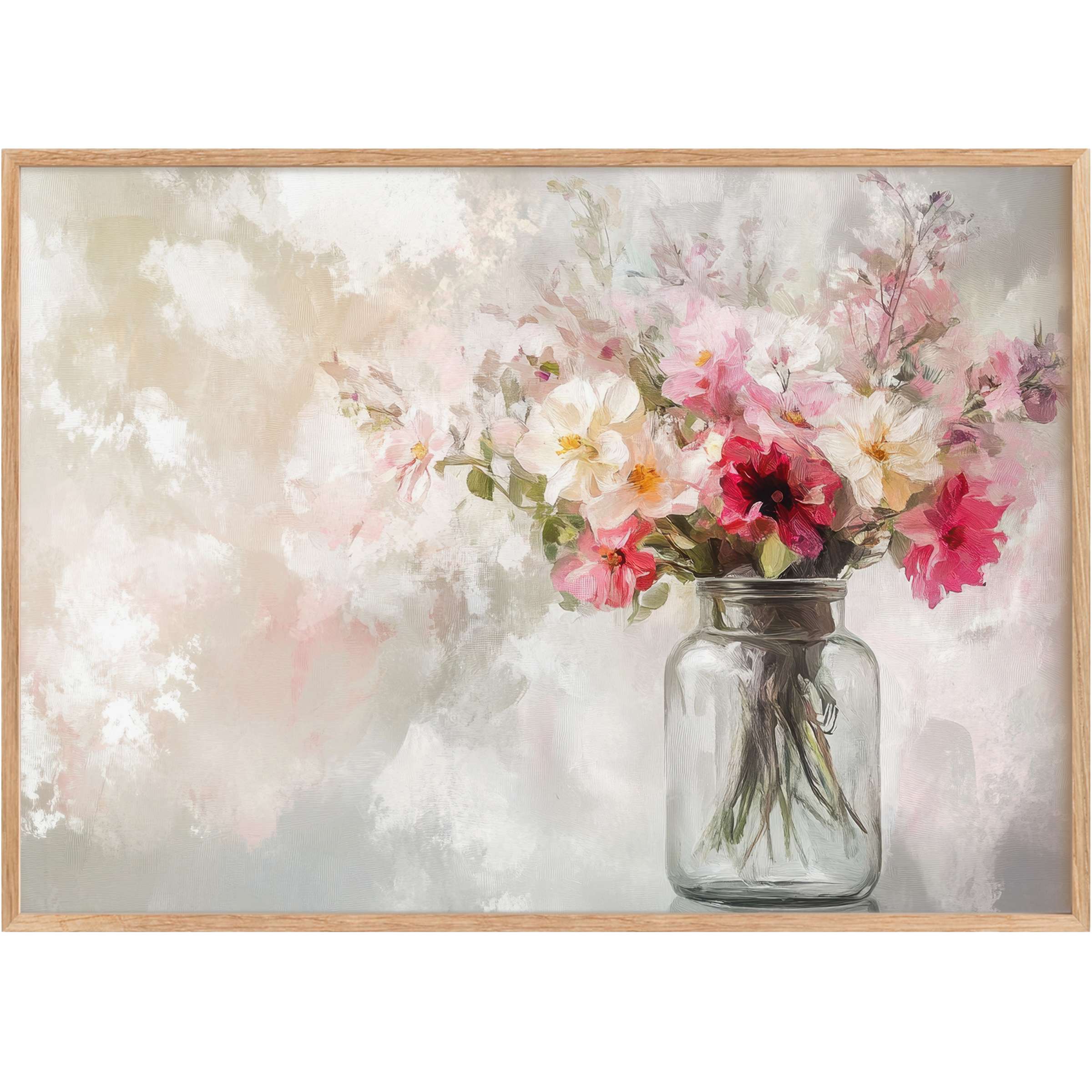 Spring printable wall art with delicate pink and white blooms in a soft glass vase, evoking a serene and radiant ambiance