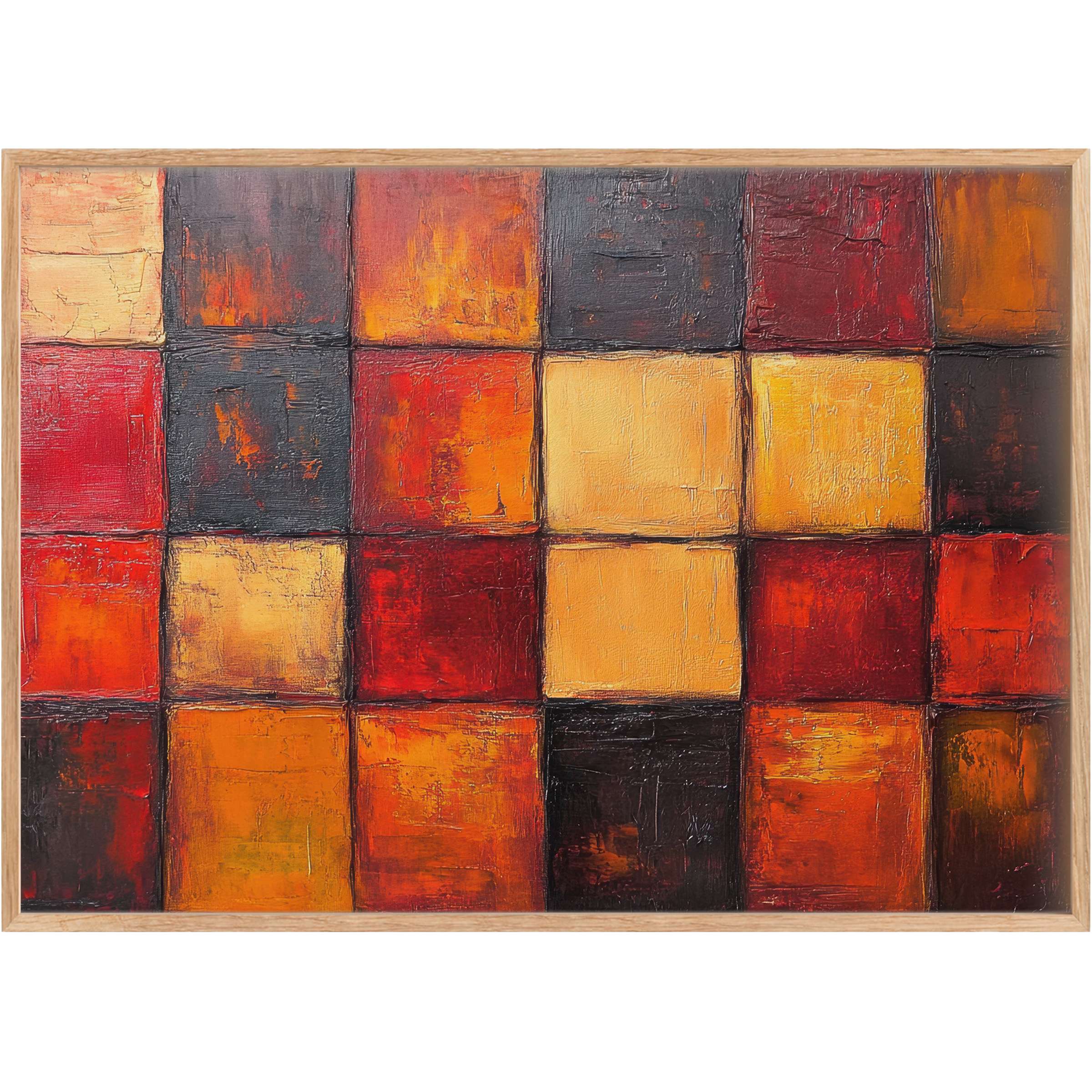 Modern printable wall art featuring a rich mosaic of fiery reds, deep oranges, and warm golds that radiate bold energy and elevate any contemporary space