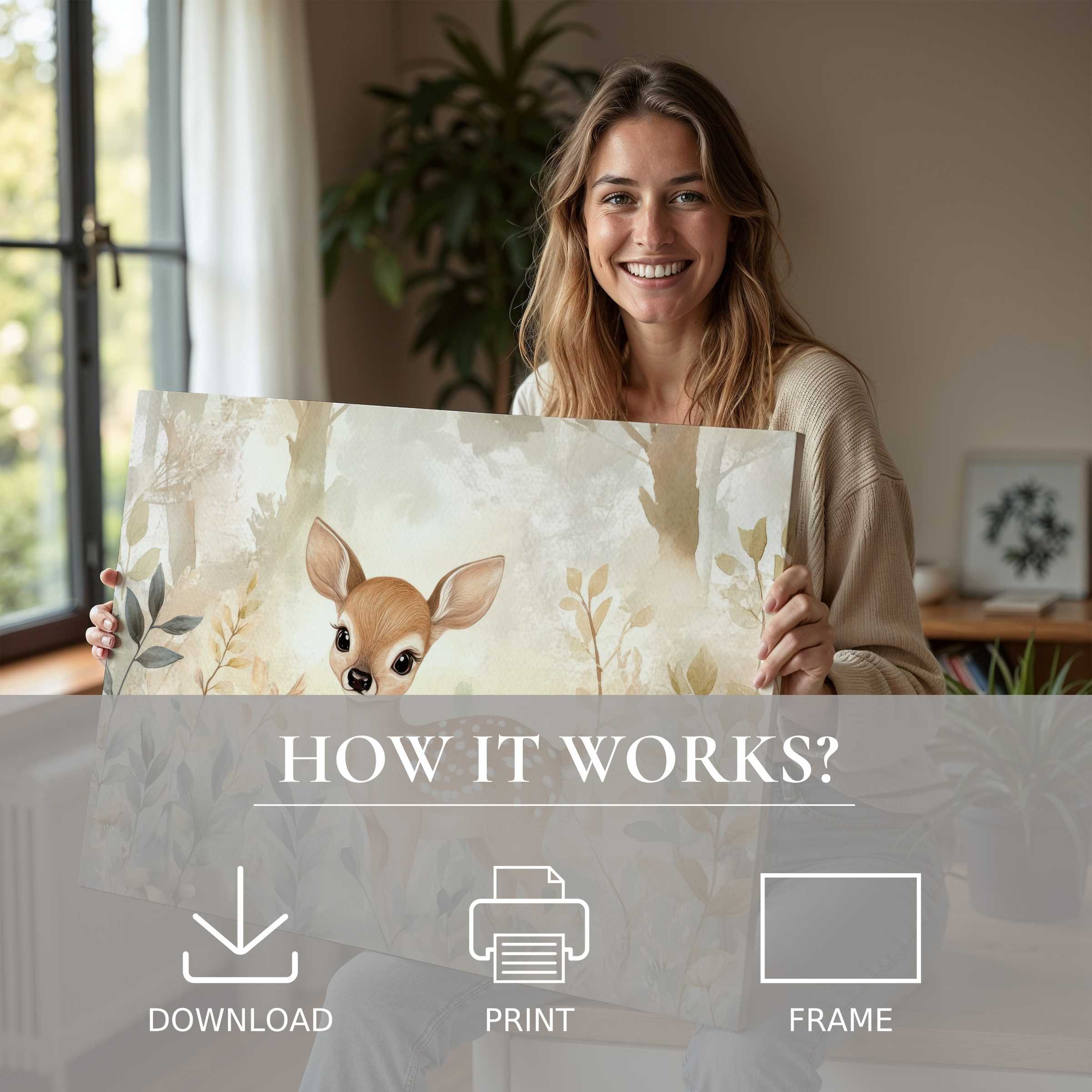 A joyful moment in a sunlit, modern home as a mother embraces the warmth of nursery digital art print, evoking gentle connection