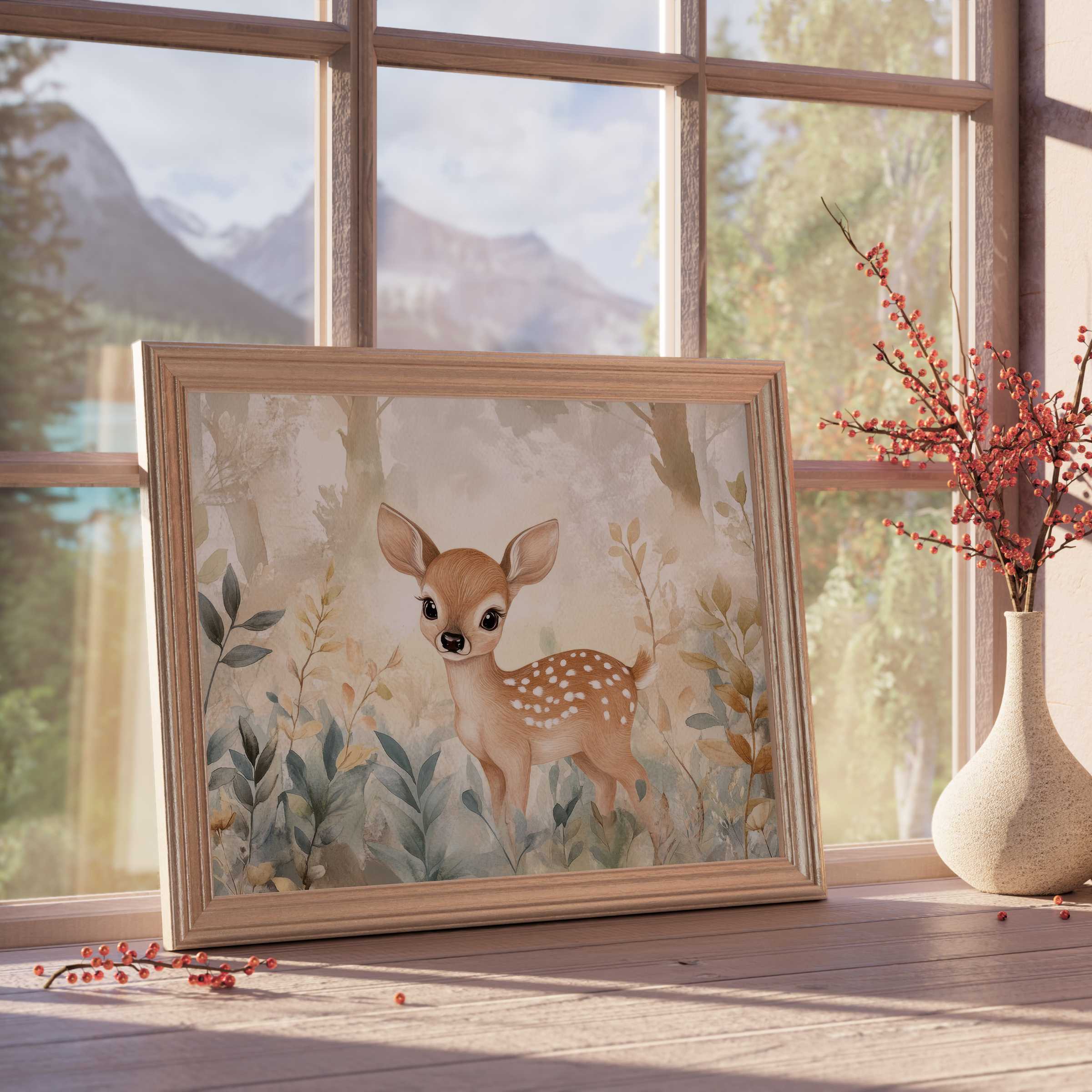 Nursery downloadable art featuring a serene newborn fawn in soft earth tones, perfect for calming, design-forward nurseries