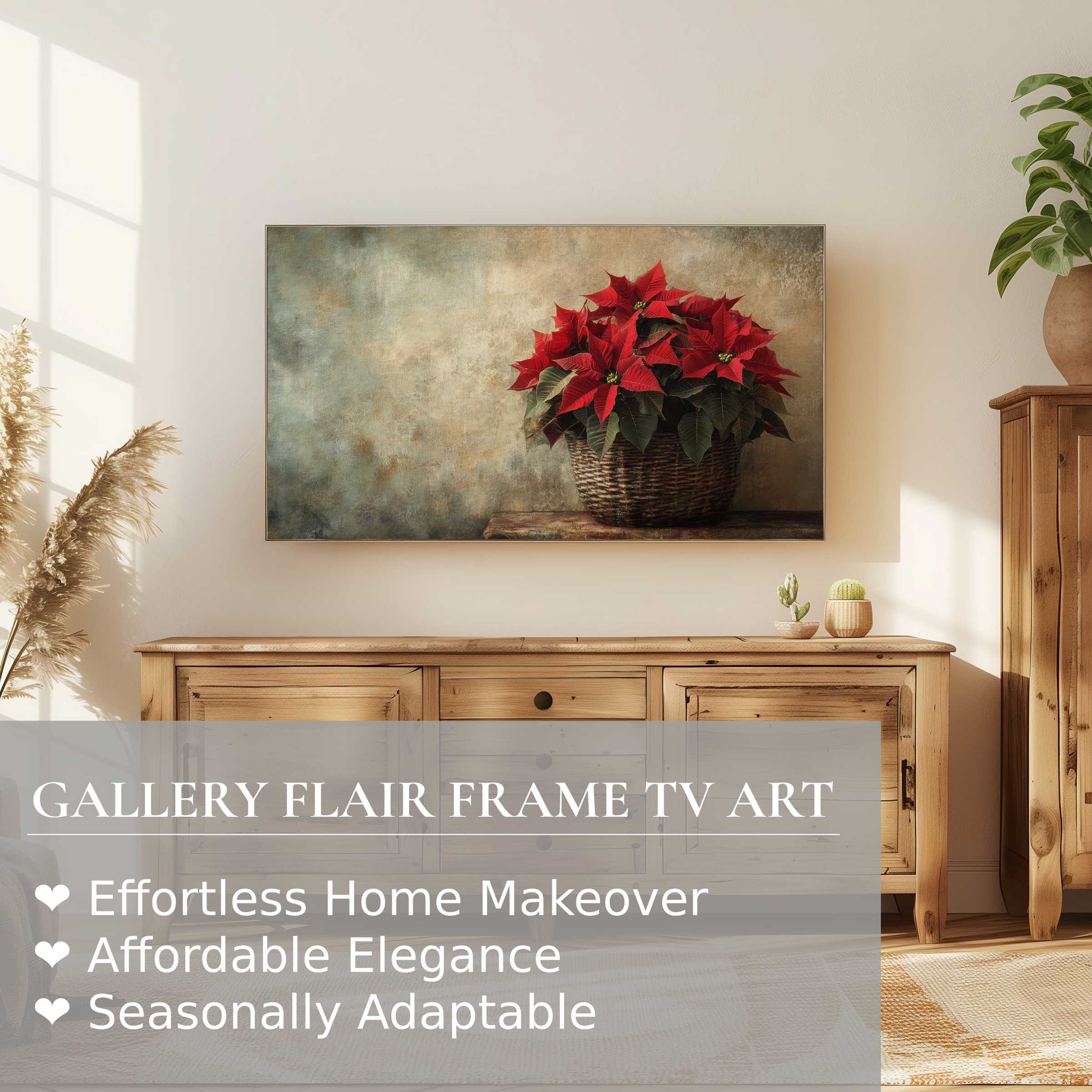 Samsung Frame TV displaying elegant christmas digital artwork of poinsettia in rustic basket, warm modern decor