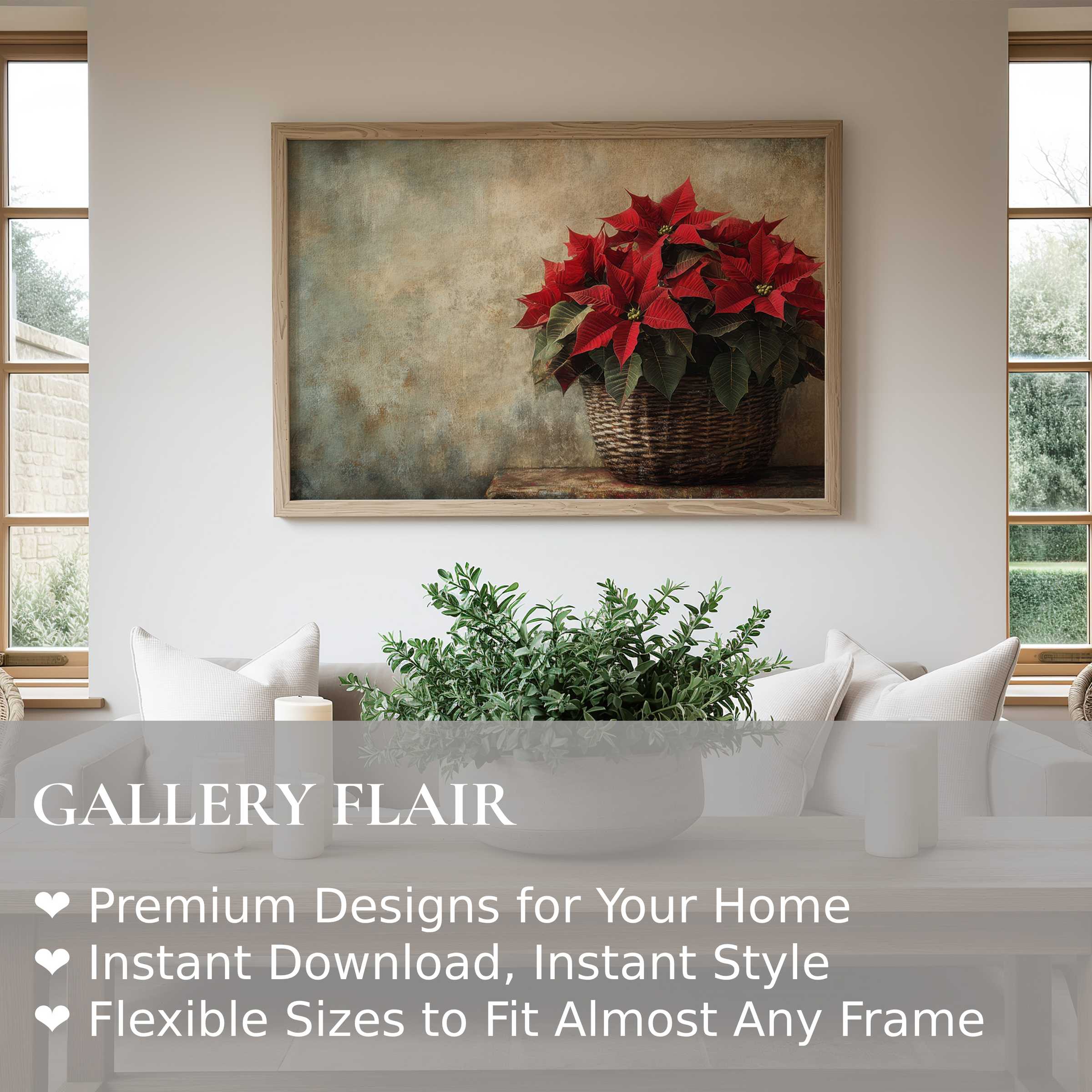 Christmas wall art print featuring a vibrant poinsettia bouquet in a rustic basket, adding warm, timeless elegance to modern farmhouse decor
