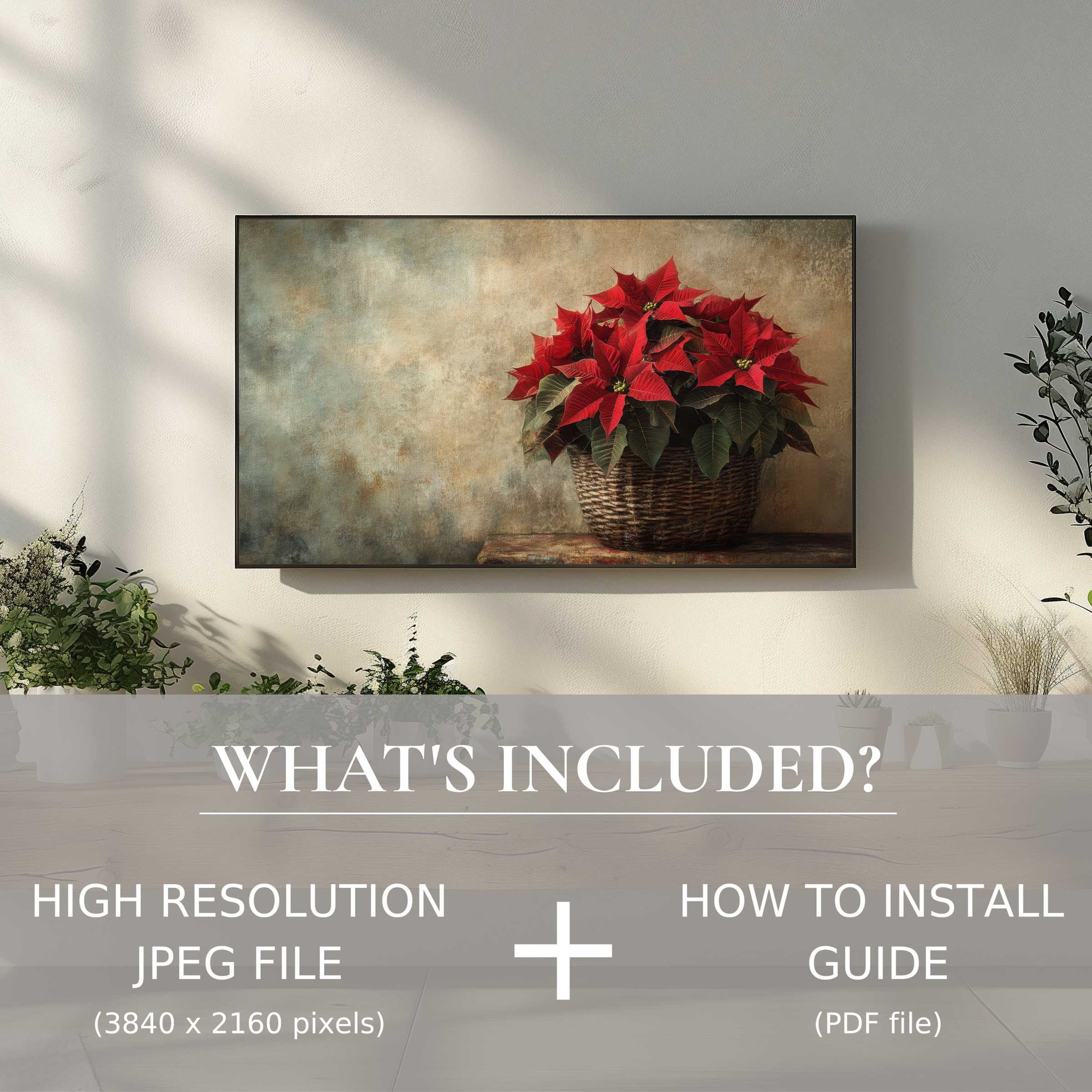 Elegant christmas digital TV art download featuring vibrant poinsettias, enhancing living spaces with effortless digital use