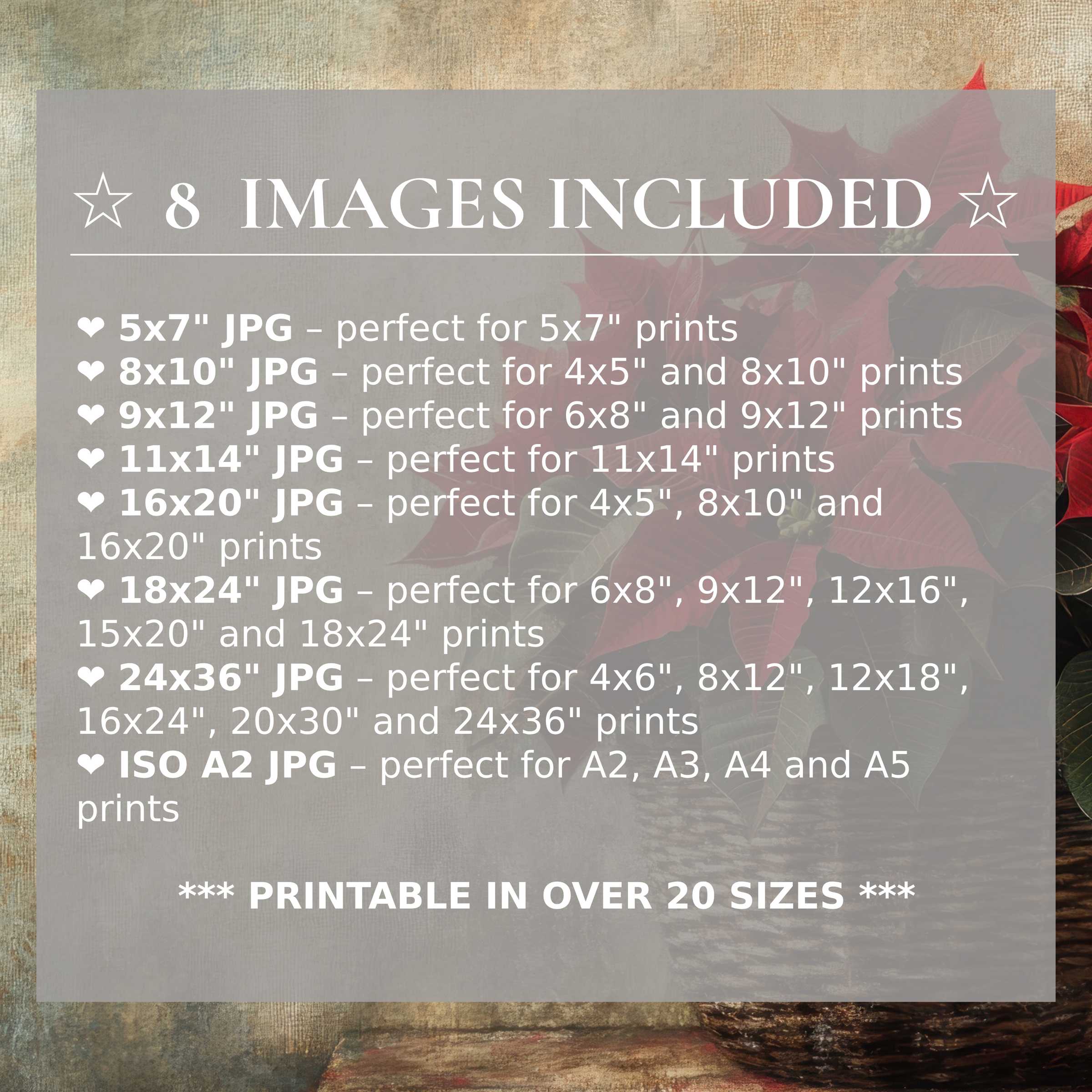 Christmas digital print radiates warm reds and deep greens, elevating modern interiors with style; includes 8 high-quality sizes