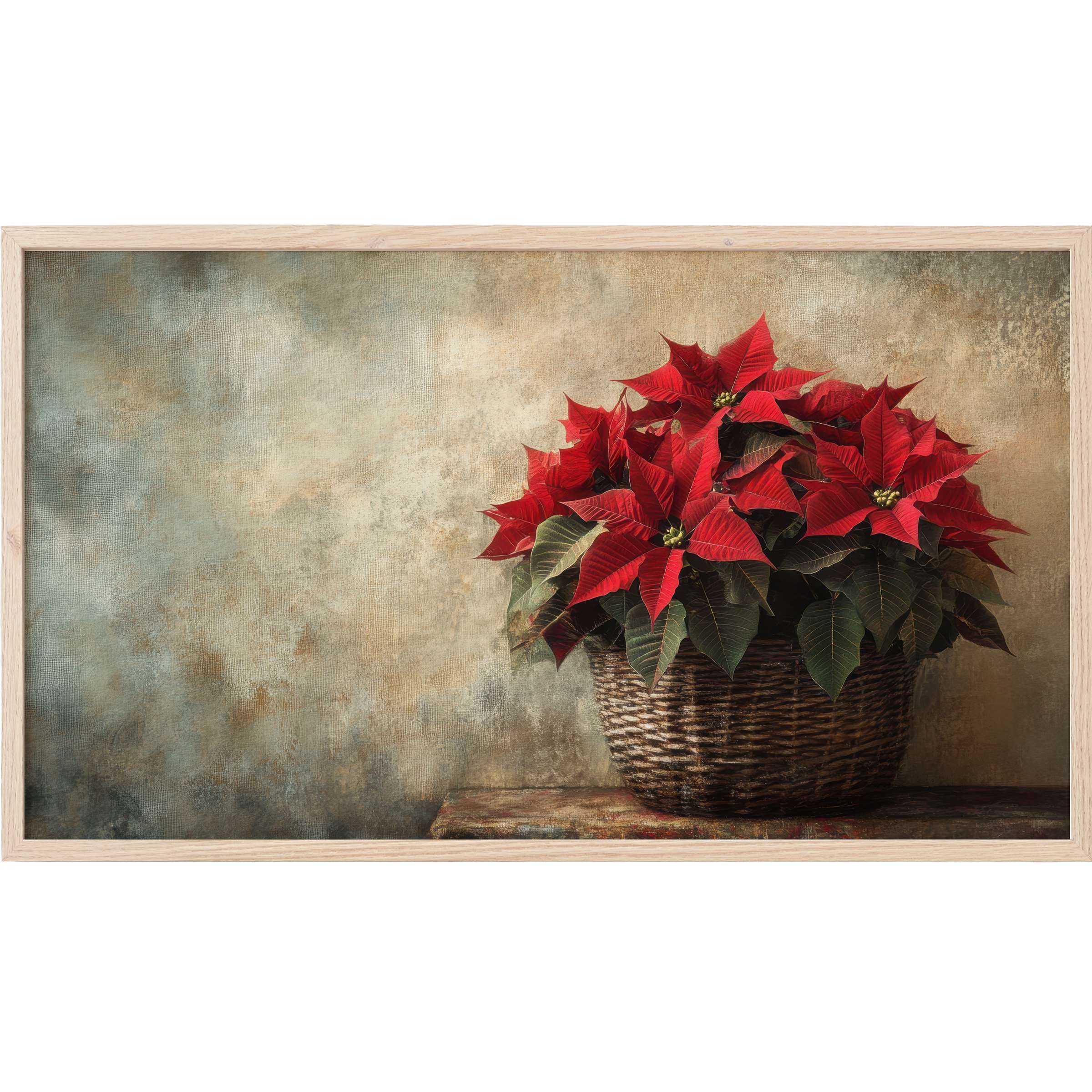 Elegant christmas Frame TV Art with vivid red poinsettias in a rustic basket against textured muted background