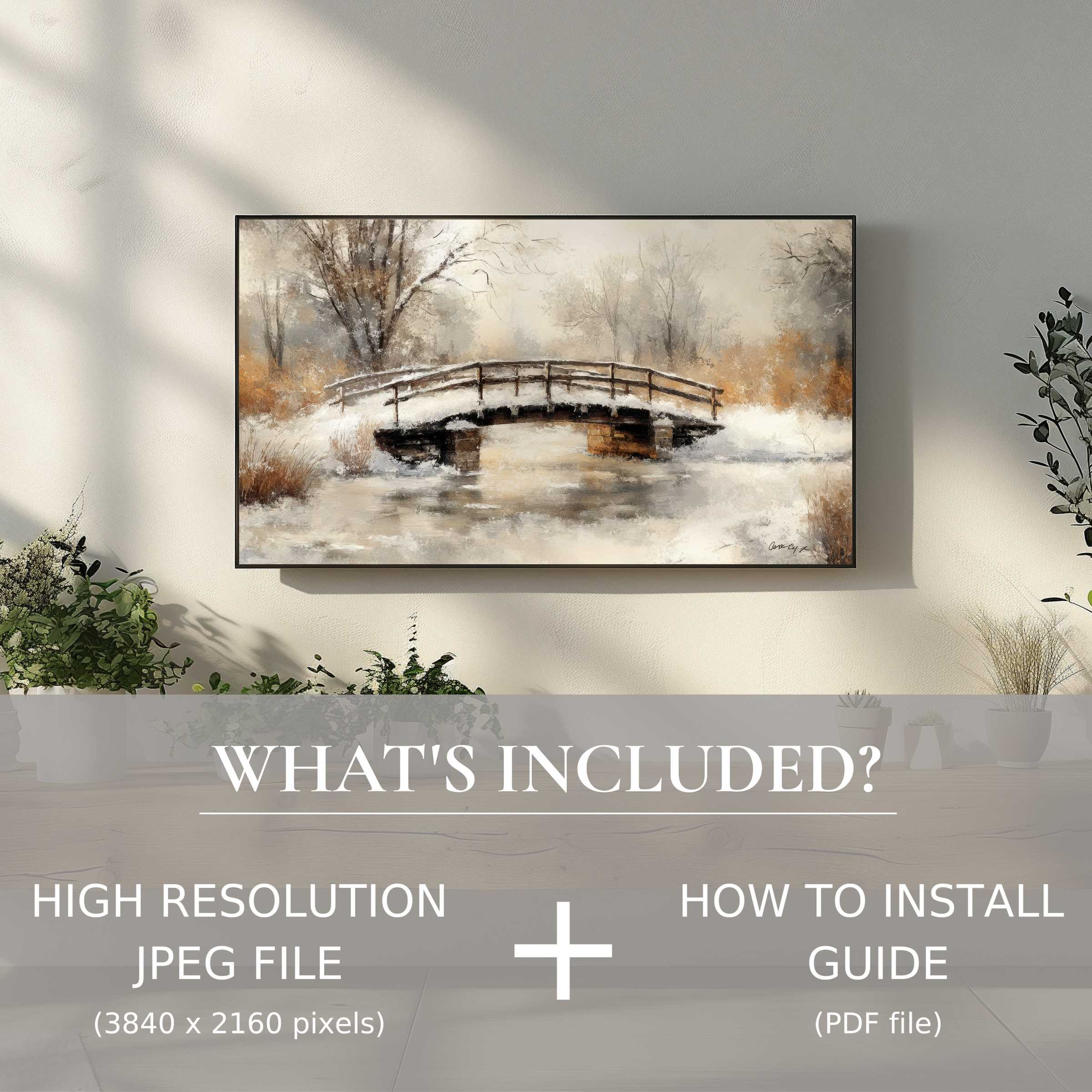 Elegant winter digital TV art download with easy use, enhancing serene living spaces with a snowy bridge scene