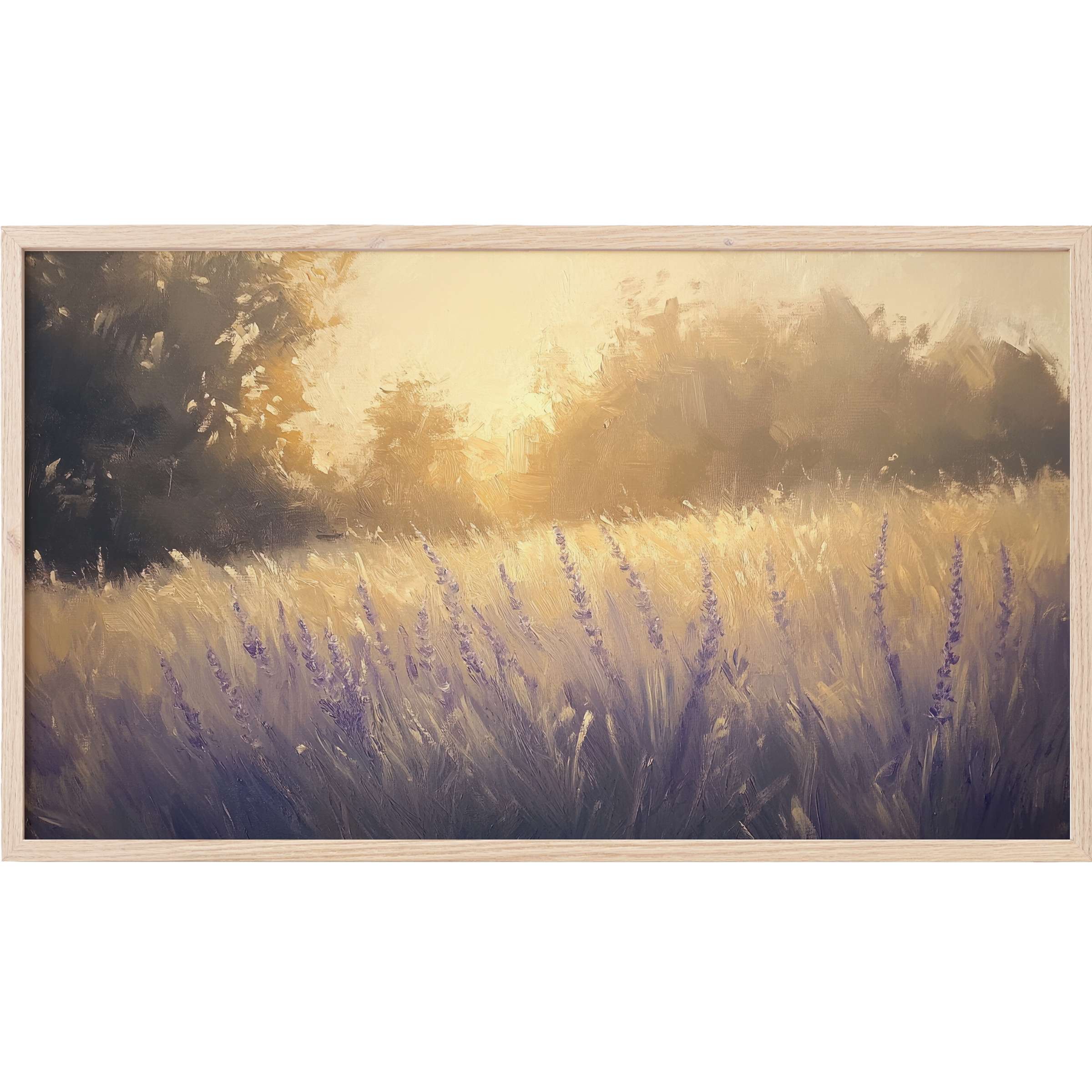 Serene lavender field at sunset in soft gold and purple hues, a calming summer Frame TV Art for stylish interiors