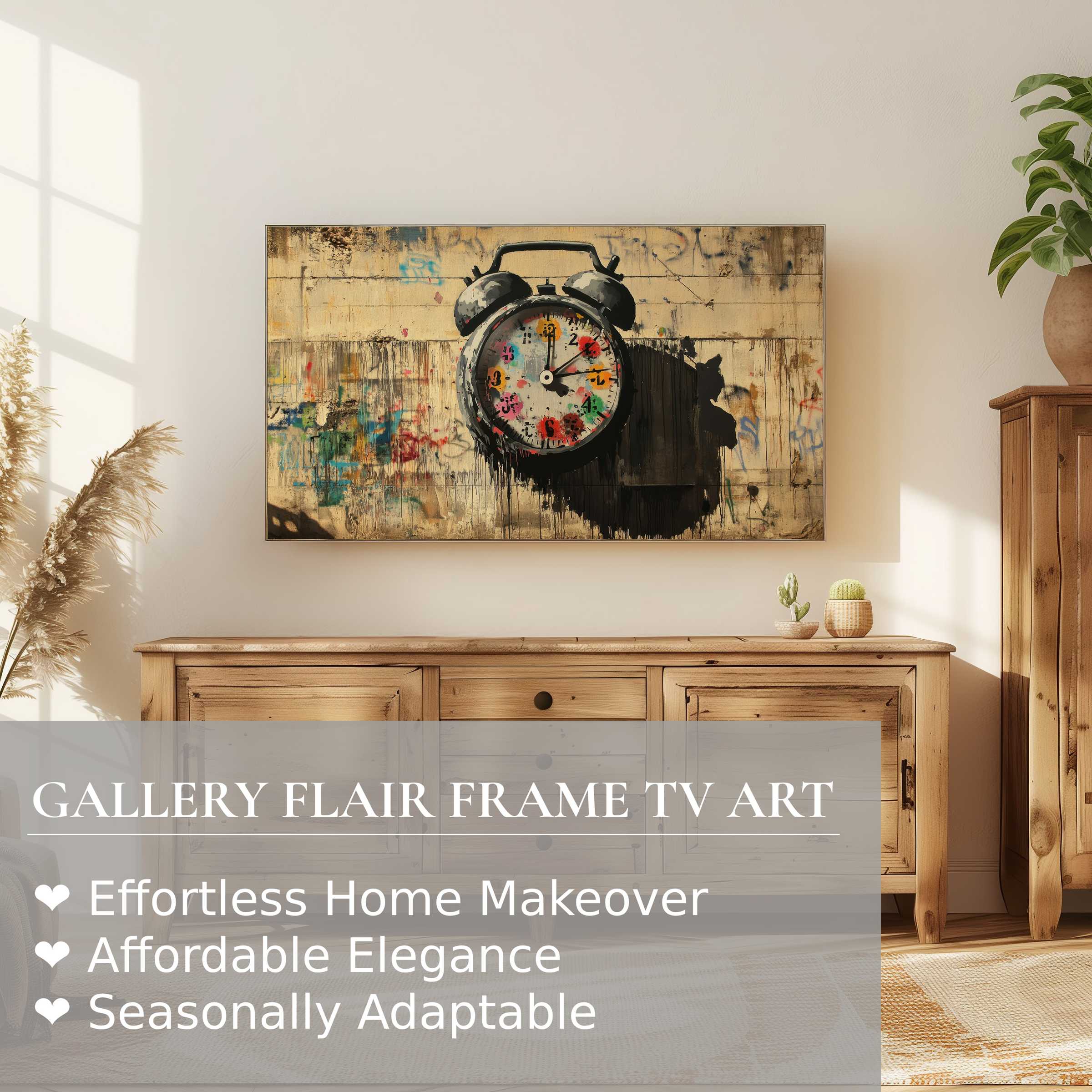 Samsung Frame TV displaying street art digital artwork of a colorful alarm clock in a stylish living space