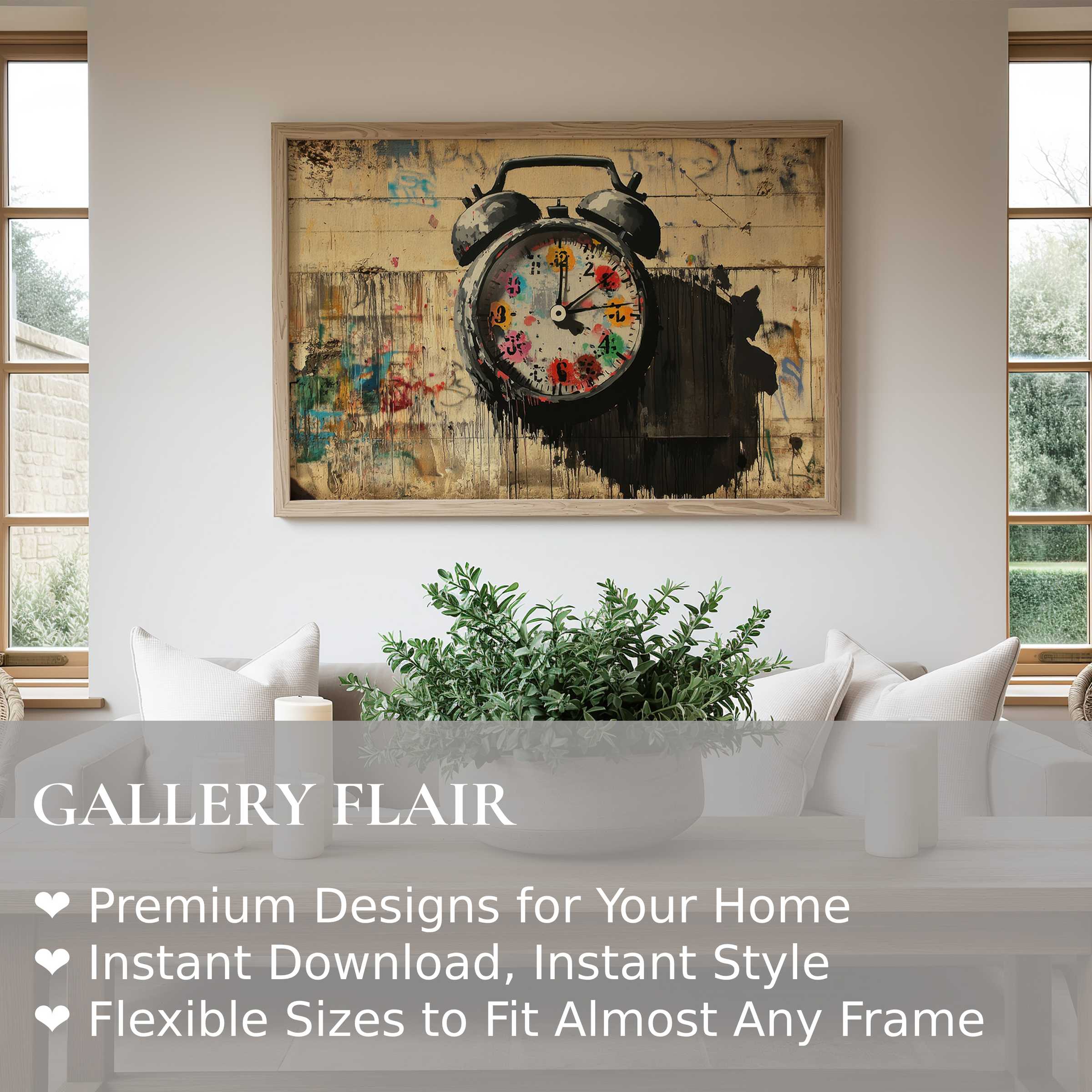Bold street art wall art print featuring a vintage alarm clock with vibrant splashes of color, enhancing modern minimalist interiors with urban edge and dynamic contrast