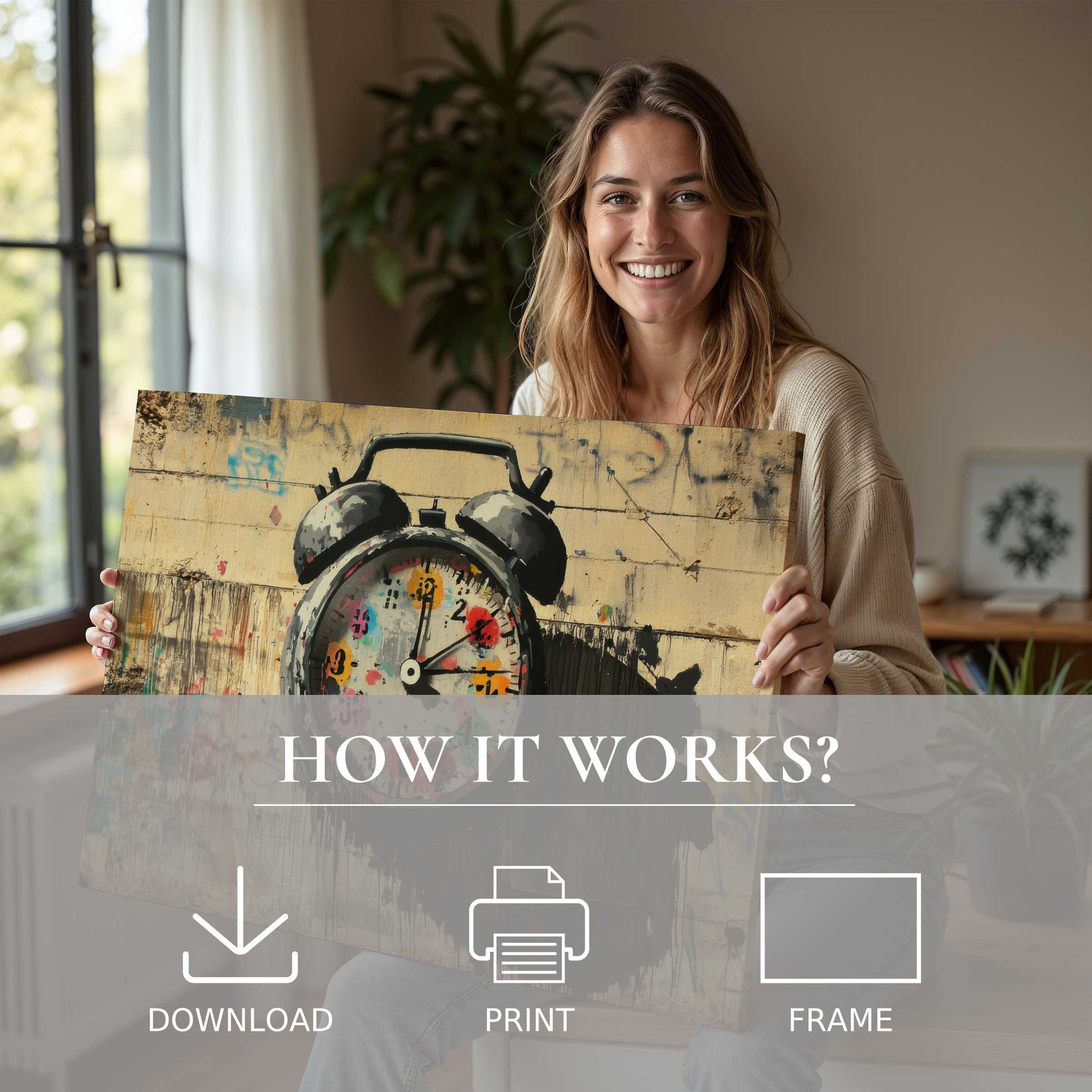 Joyful moment of authentic connection with street art digital art print, enhancing modern home's serene style with effortless elegance