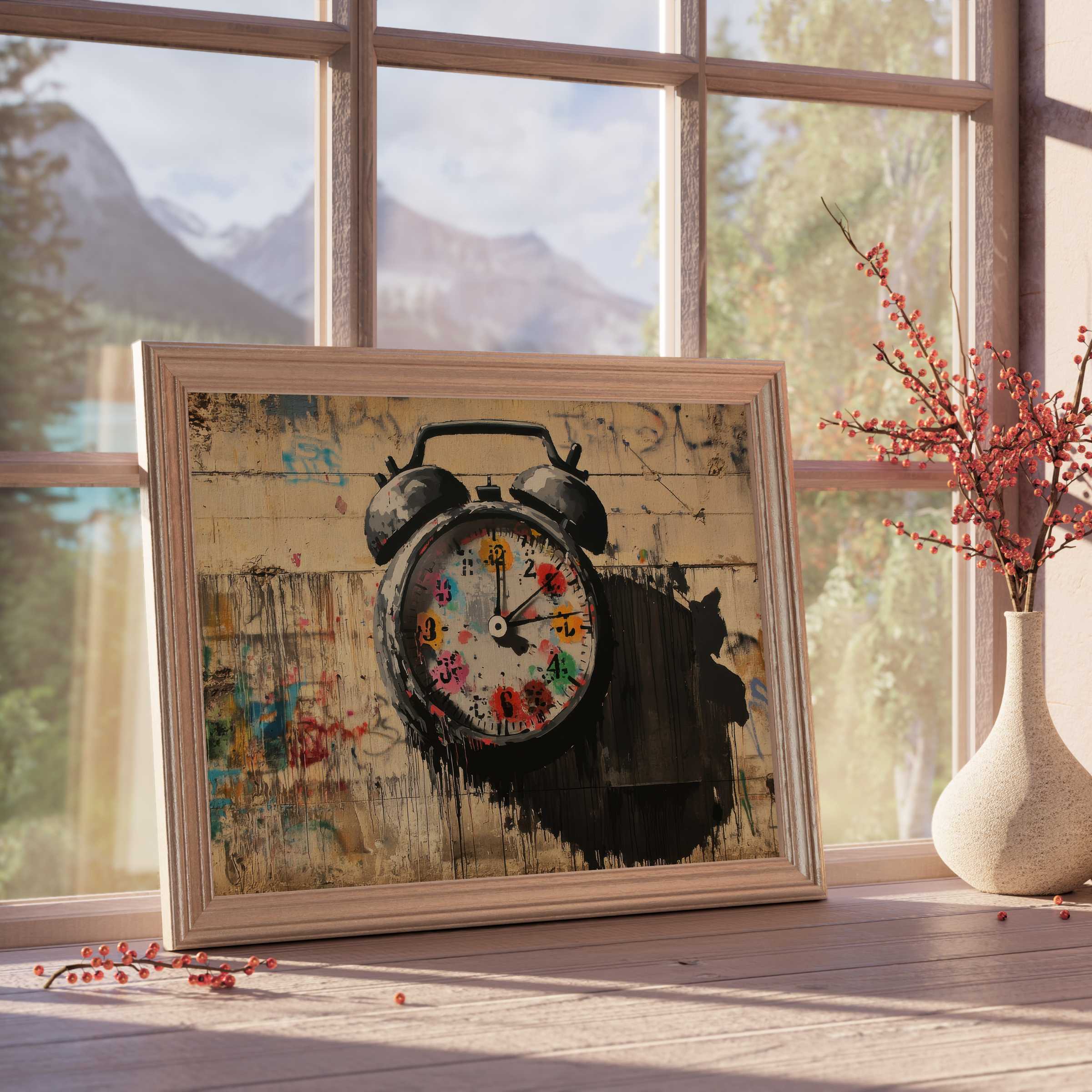 Urban street art downloadable art featuring a vibrant, graffiti-style clock that enlivens curated, tranquil interiors with bold, contemporary energy