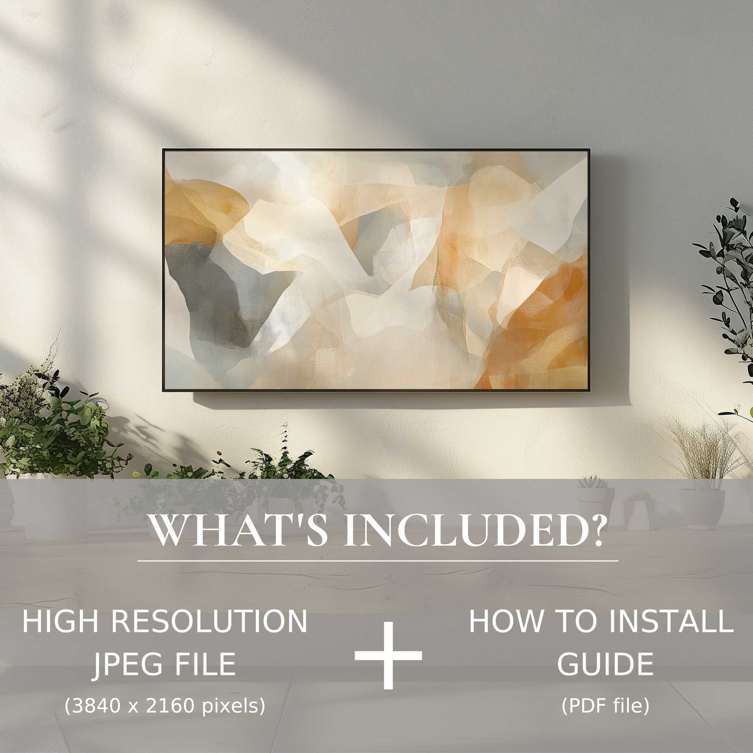 Elegant boho digital TV art download, easy to use, enhancing living spaces with warm abstract tones and modern charm