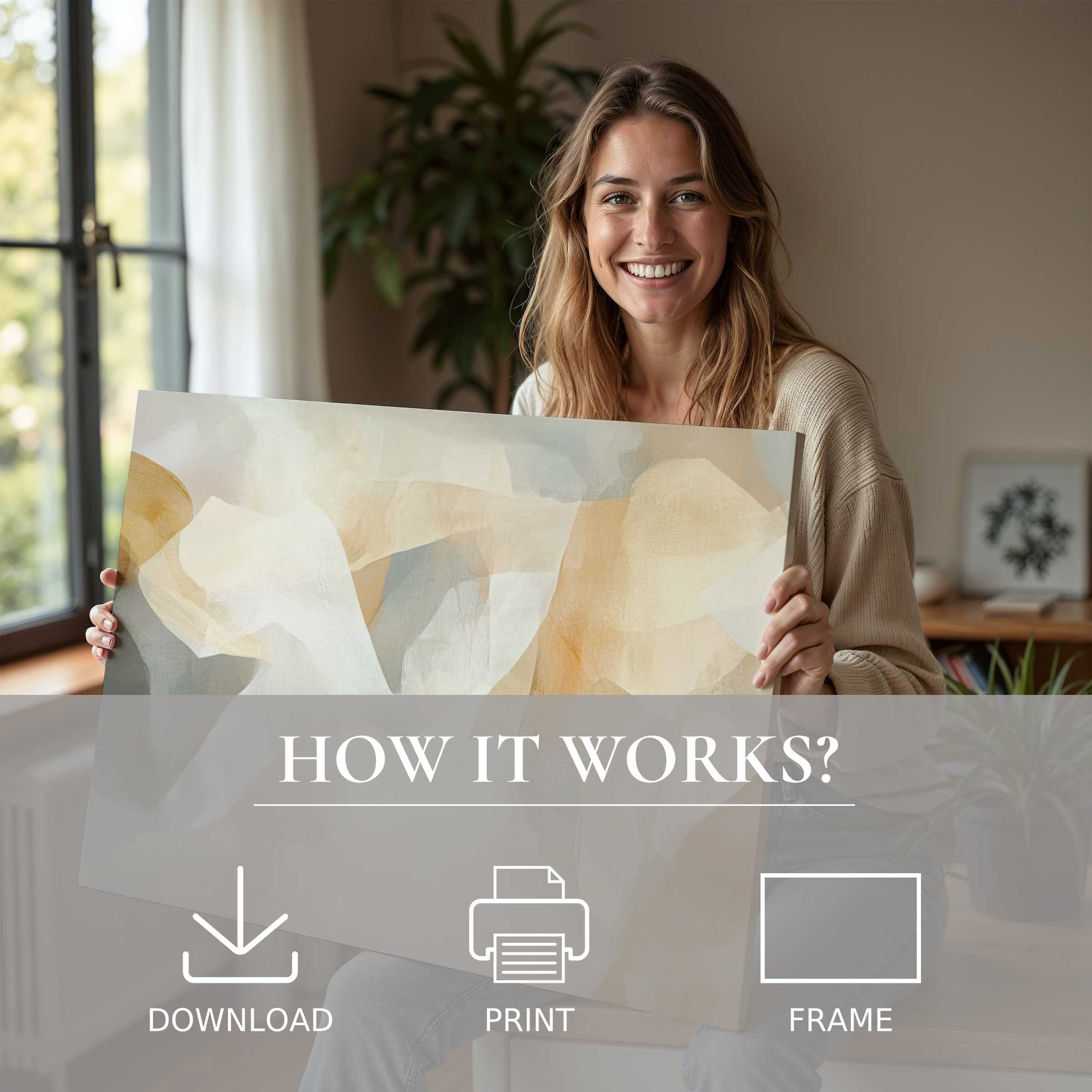 Radiant woman embraces a soothing boho digital art print, capturing a serene moment of effortless elegance in modern living