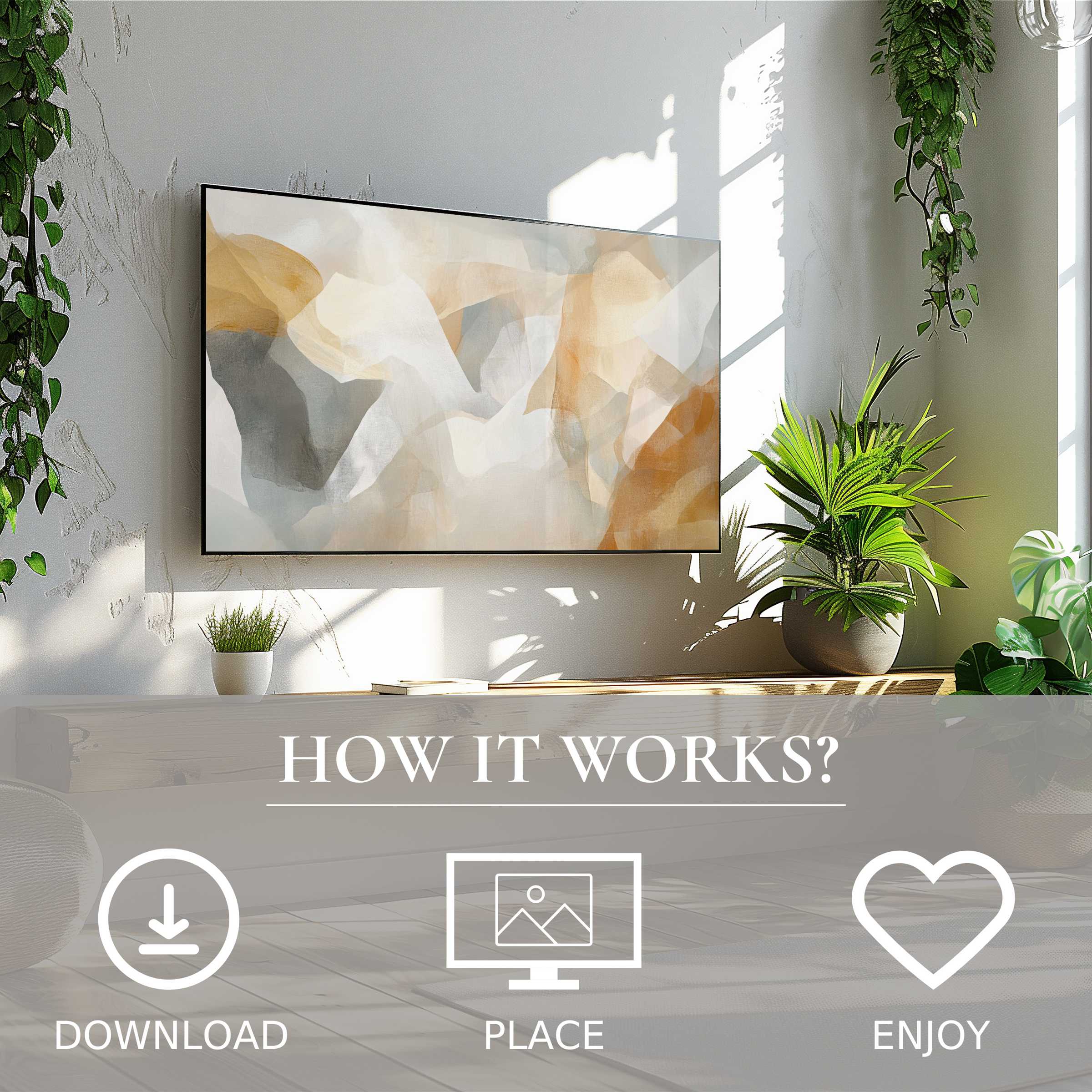 Boho art for Samsung TV: abstract warm and gray tones, easy digital download, enriches modern living spaces with style