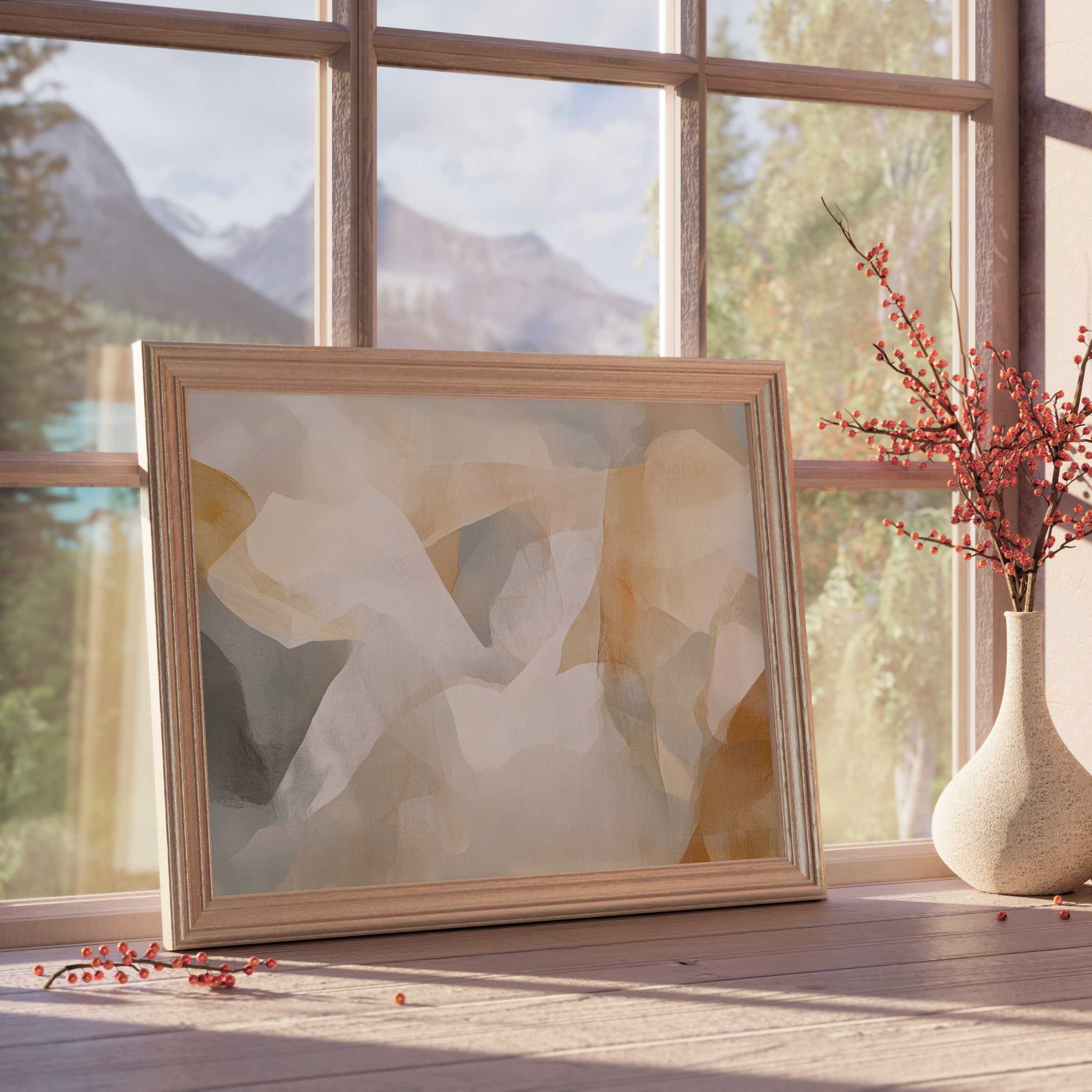 Boho downloadable art with soft neutrals and warm amber hues, elevating serene, curated interiors with modern elegance and calm