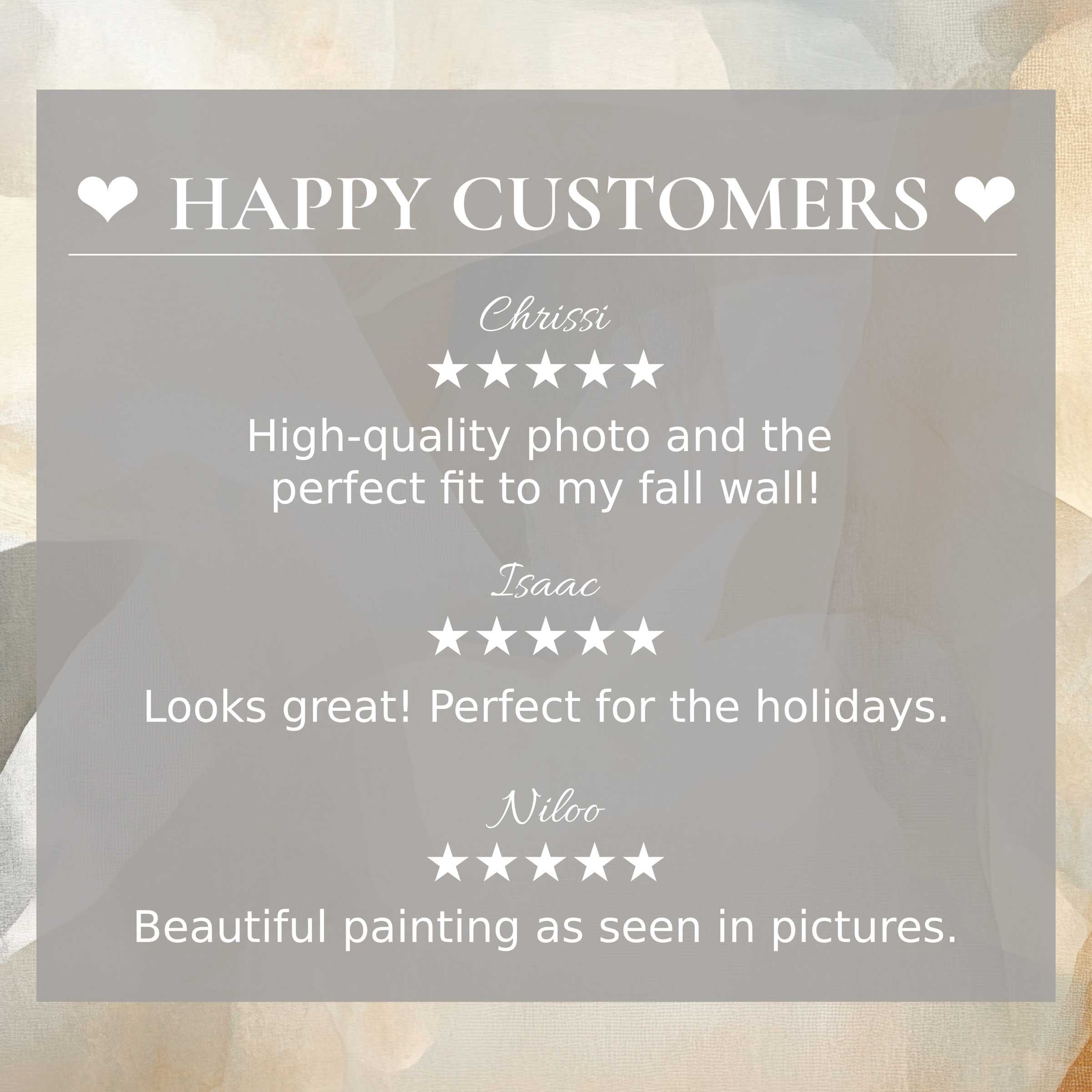 Boho art for Frame TV with abstract sunset colors, showcasing happy customer reviews and elegant trust-building design
